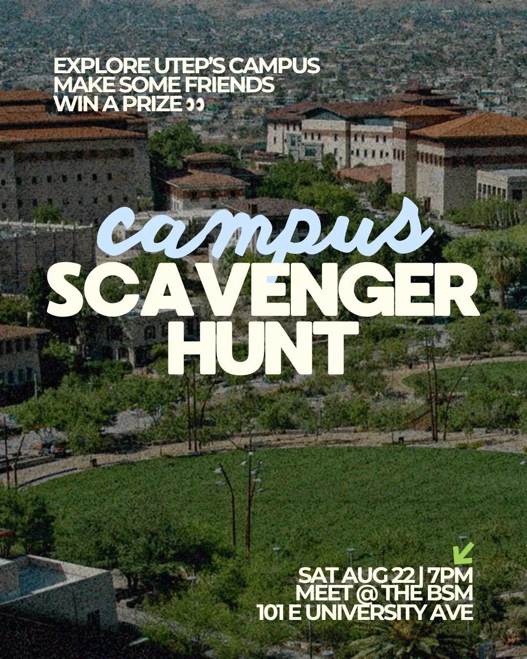 New to UTEP? 🔍

Learn your way around campus, meet new friends, and compete for a prize.

📍 Meet at the BSM for dinner first (burger night 🍔 😋)
🕖 7PM

Tag a freshman below 👇

#utep #utepfreshman #welcomeweek #collegestudents #studentlife