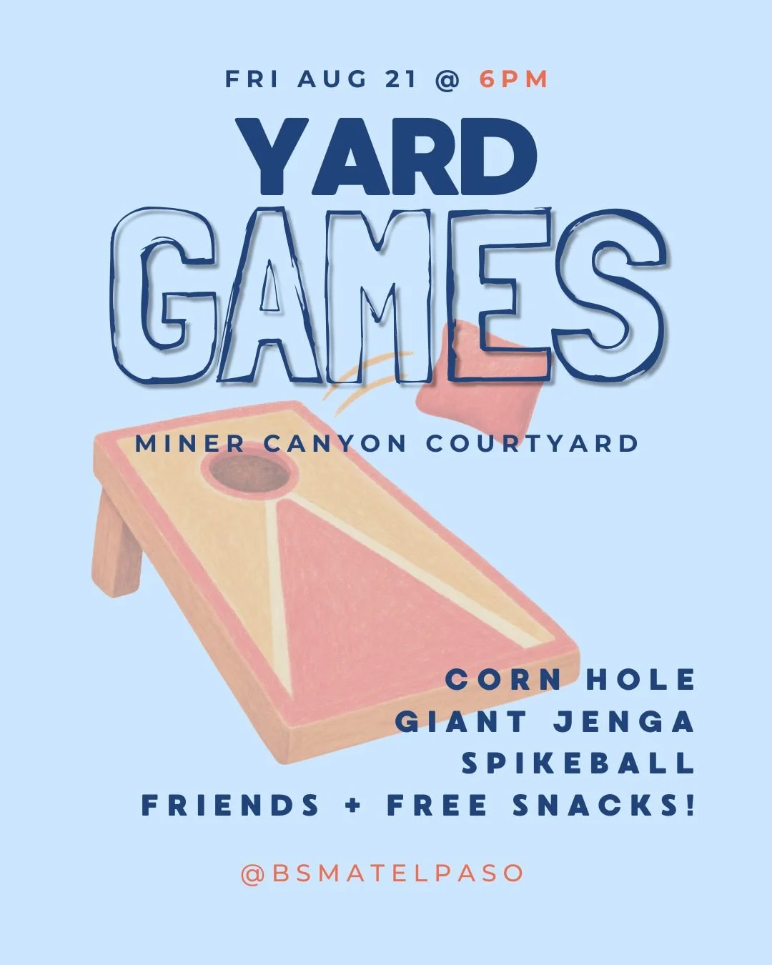 Welcome Week Kickoff starts TOMORROW!

Join us for Yard Games and meet other UTEP students before classes start. We'll have free snacks for you, come hang out!

📍 Miner Canyon Courtyard
🕕 6PM

Will we see you there?

#utep #utepstudents #bsm #colle