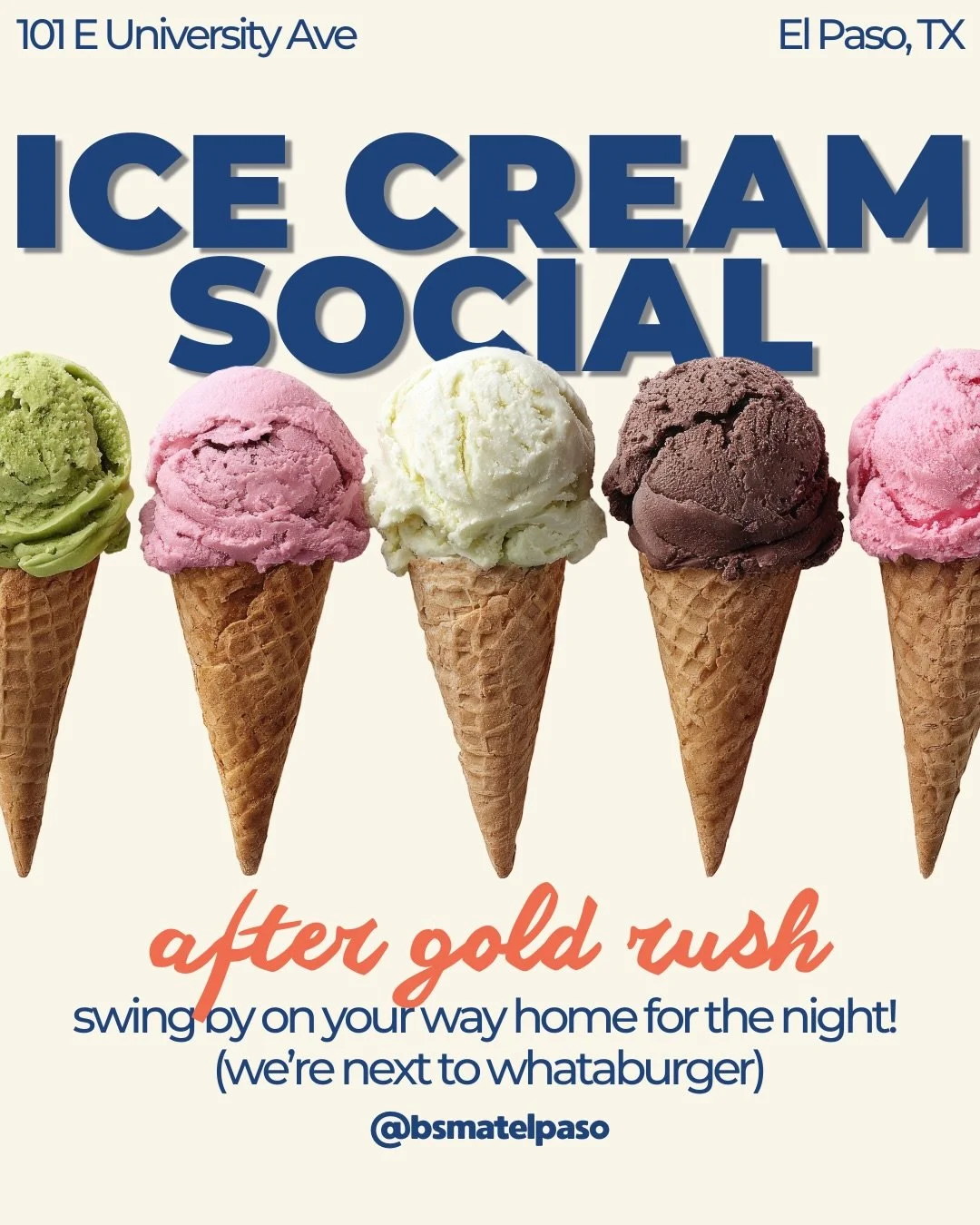 first week back to school? say less. 

6 more opportunities to hang out, meet some people, play some games, and eat some FREE food. 

swipe > find your thing > pull up 👀

first up is our ice cream social after gold rush!! 

#utep #welcomeweek 