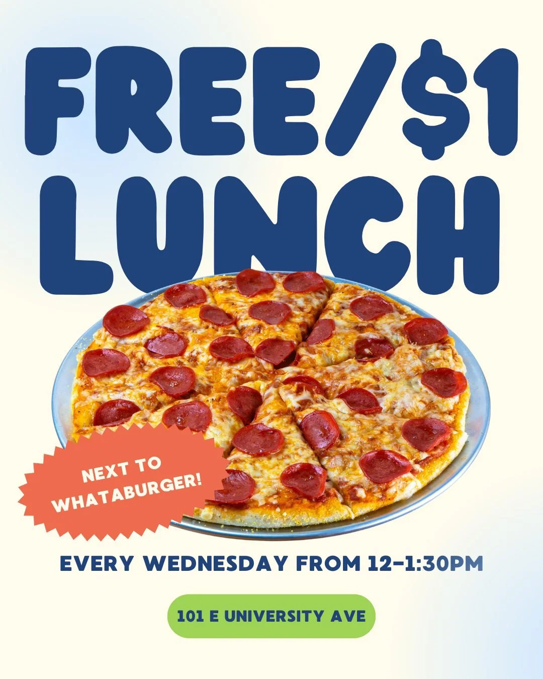 Wednesday Lunch is back! 🌮🍔

Join us every Wednesday from 12&ndash;1:30 PM for a home-cooked meal provided by local churches.

Your first lunch is free! After that, a $1 donation helps support student mission trips throughout the year.

📍 Walking 