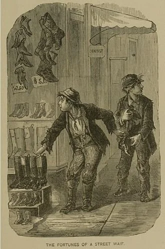 Cartoon titled "The Fortunes of a Street Waif" showing two poor boys stealing boots.