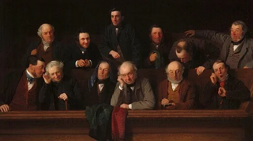 "The Jury" is an 1860's painting by John Morgan. It depicts twelve men sitting with boredom, distraction, and other expressions in a jury box. A plaque below lists their last names and professions.