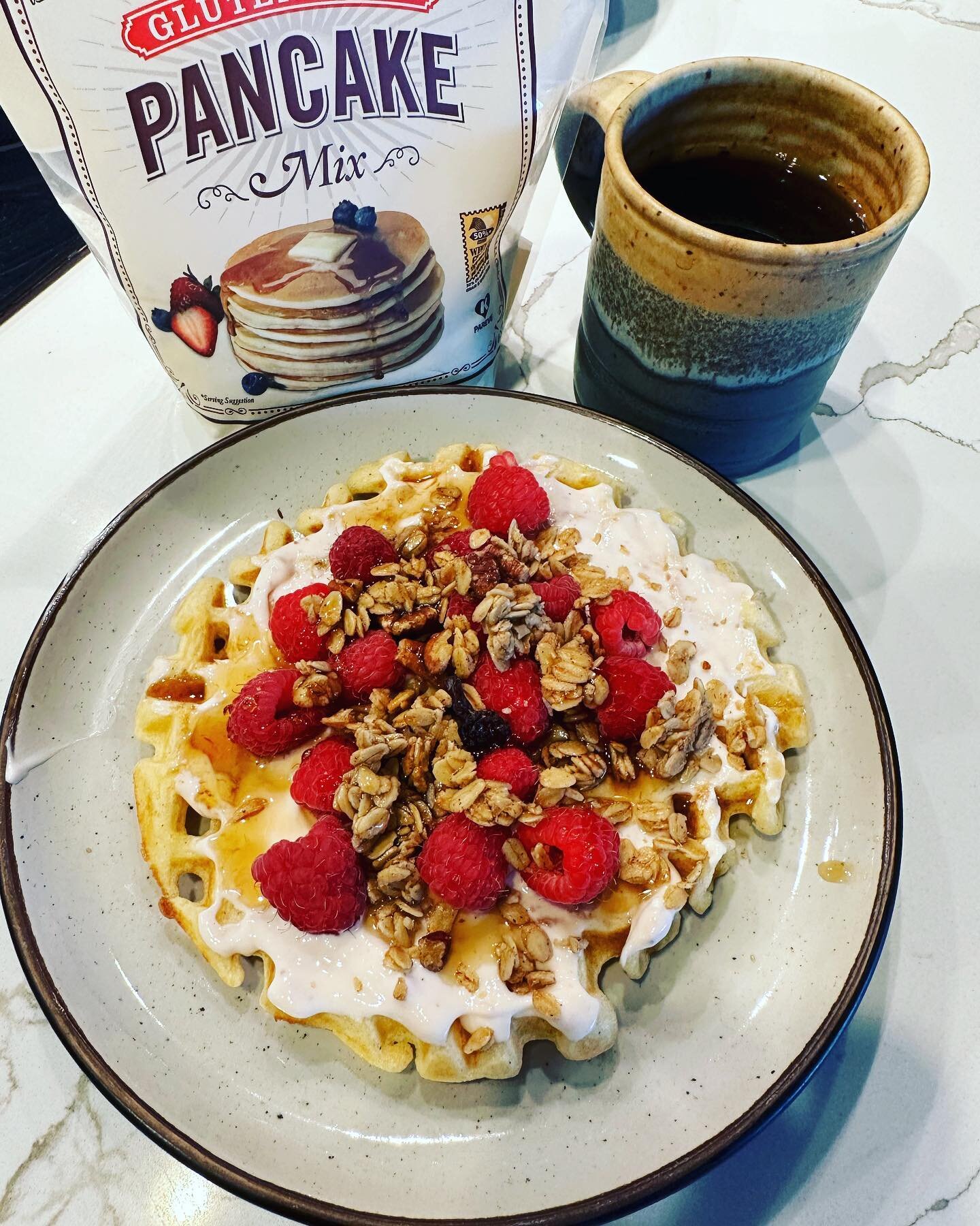 @bobsredmill #glutenfree pancake and waffle mix! Topped with Greek yogurt for protein, berries, and a sprinkle of GF granola. These are the best tasting GF waffles I&rsquo;ve had so far. I recommend blending the egg and milk mixture to give it a supe