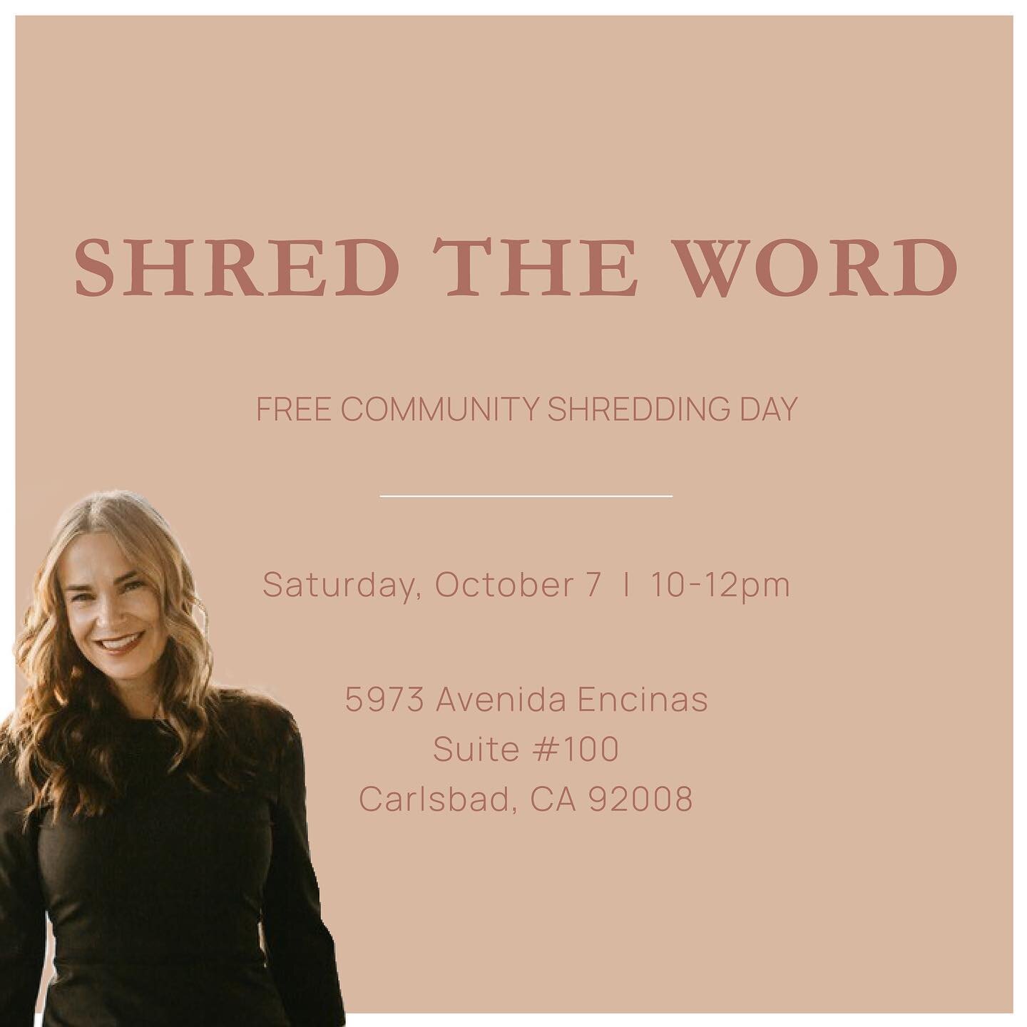 Come Join me this Saturday morning October 7th! 

Shred The Word! 📣📣📣
Our Community Shredding Event Is Back! 

Saturday, October 7th 10 am-12pm 
5973 Avenida Encinas Suite 110 Carlsbad

Consumer fraud &amp; identity theft are becoming an epidemic 