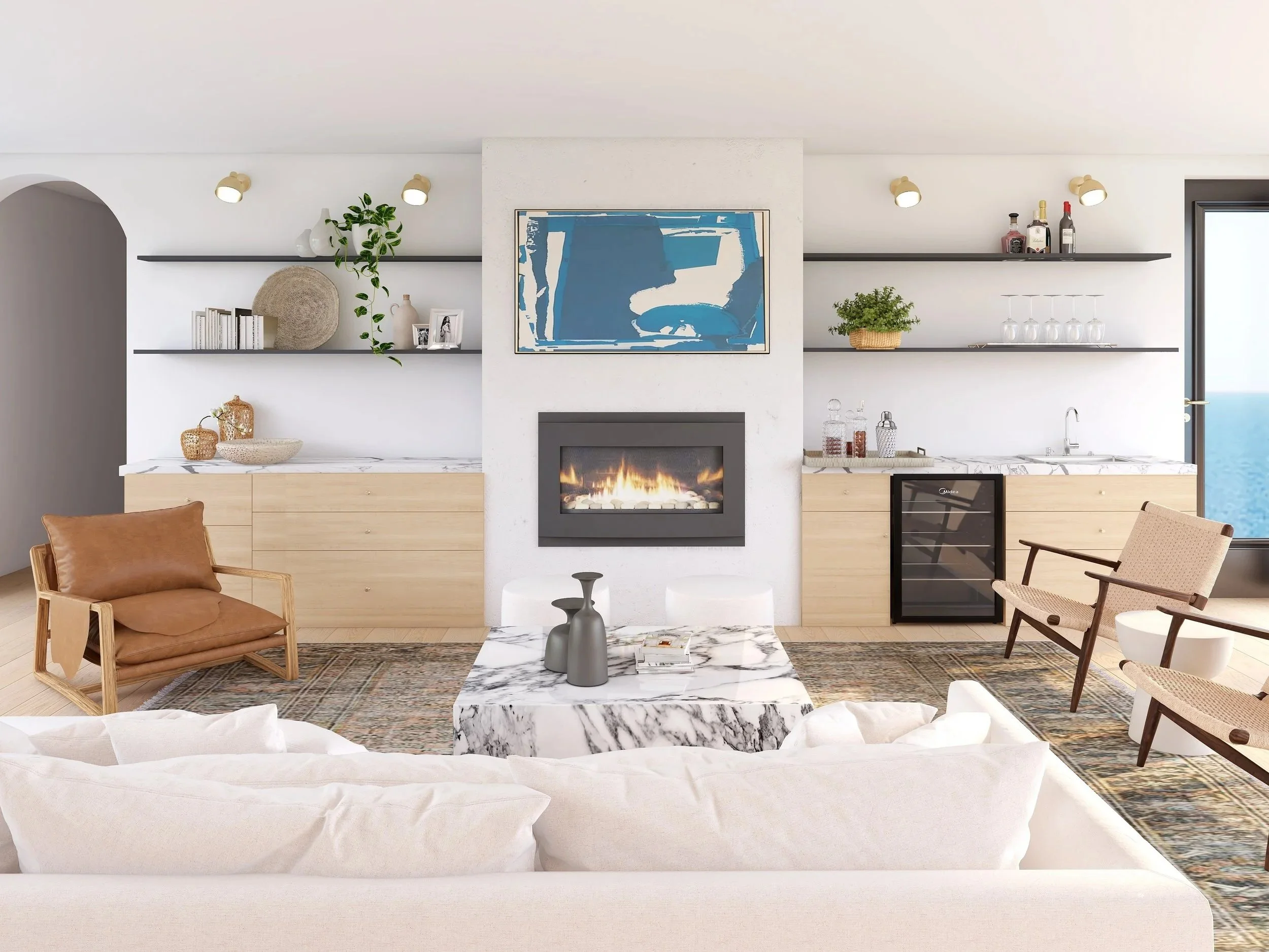 Coastal Living room with fireplace