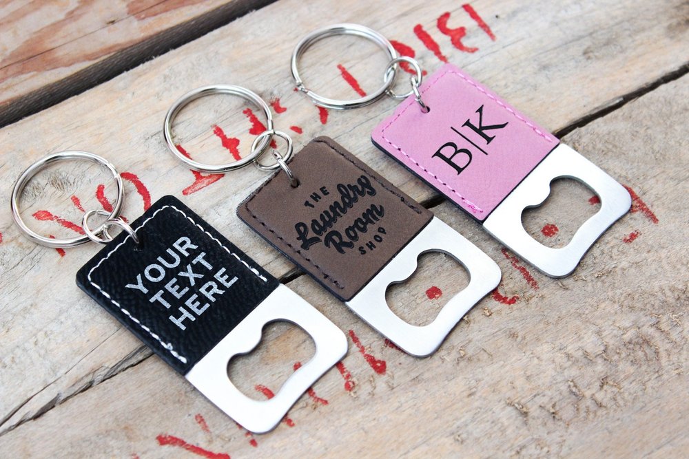 Personalized Engraved Leather Bottle Opener Keychain One or Two