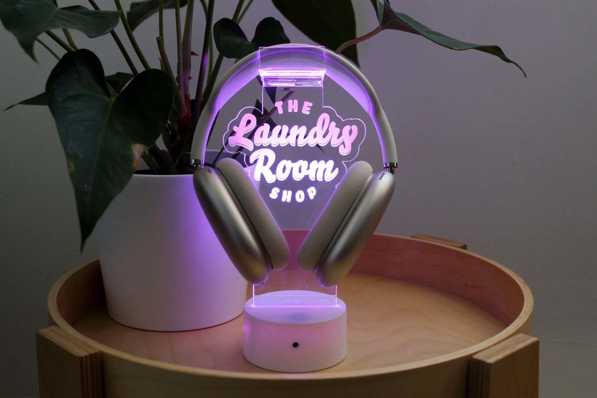 Personalized Headphone Stand with LED Lamp Base - Your Own Text or Logo!