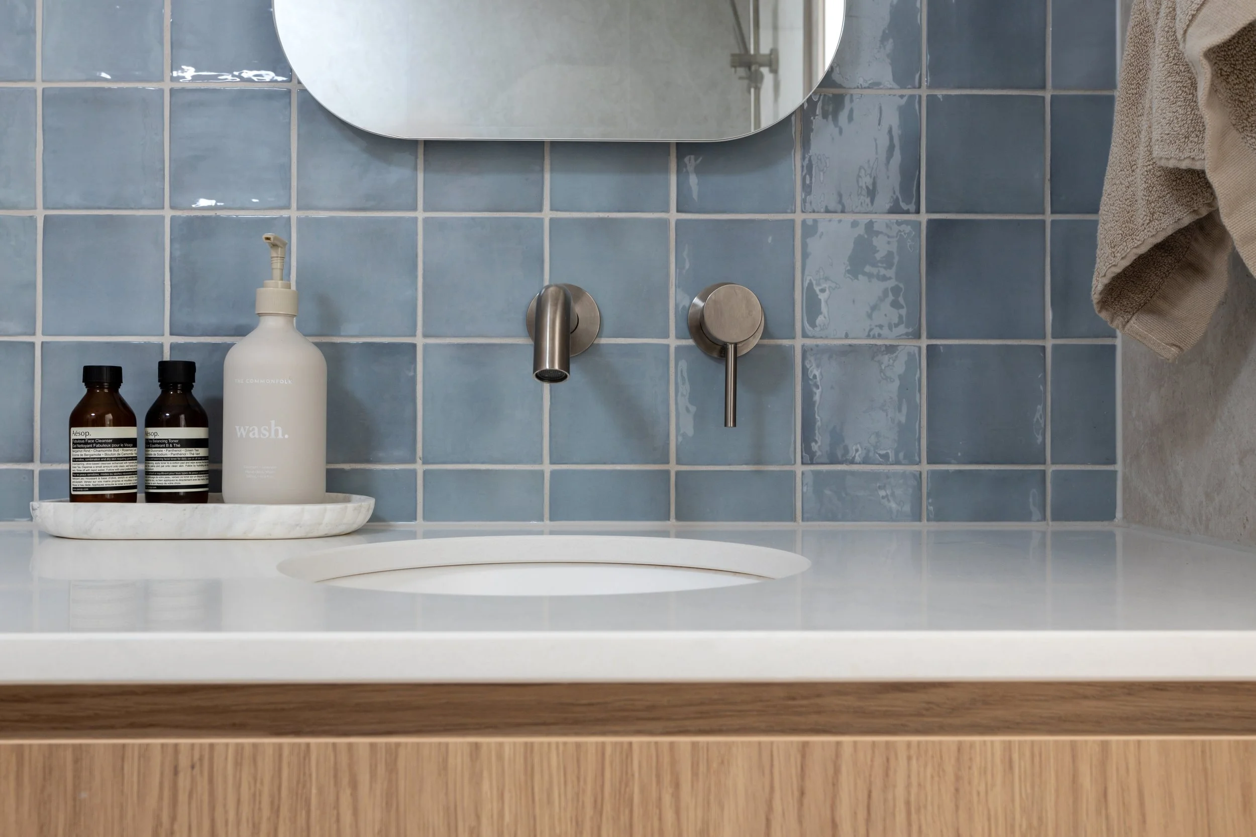 Blue and timber coastal bathroom
