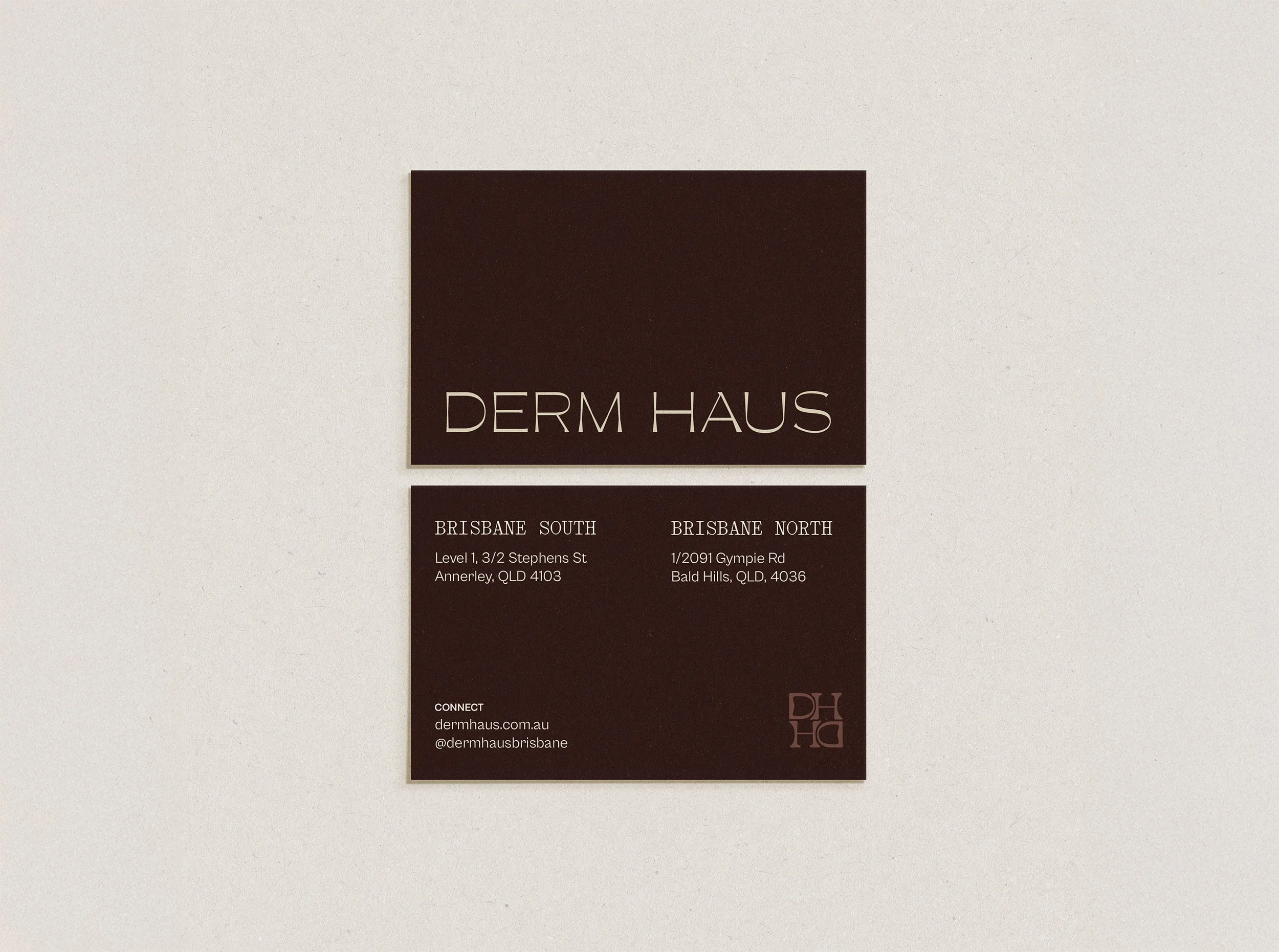 Derm Haus business card design, elevated brand identity collateral by Anotherside for Brisbane based medical aesthetics and skin health clinic