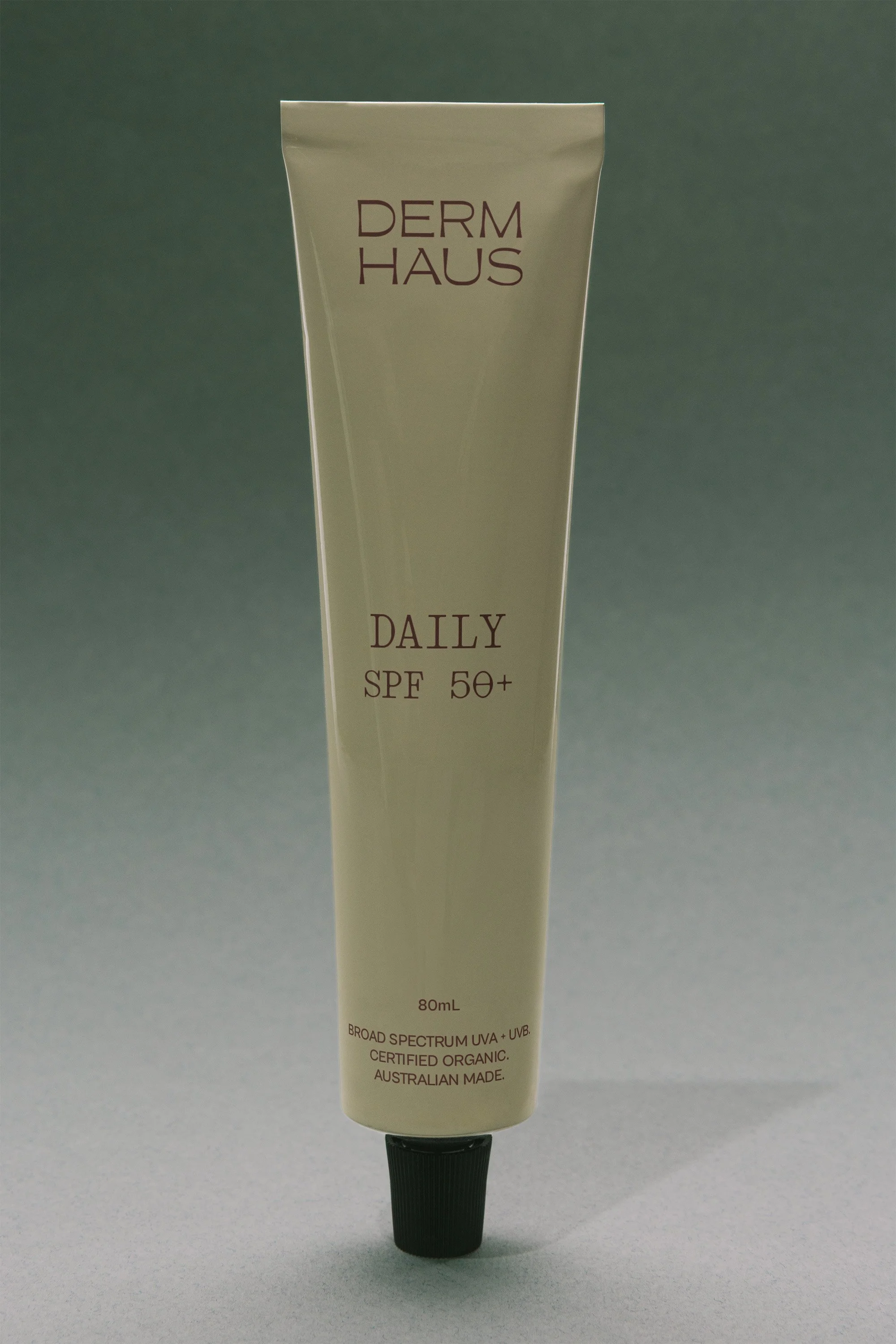 Derm Haus branded sunscreen packaging design mockup, medical aesthetics product branding by Anotherside Perth