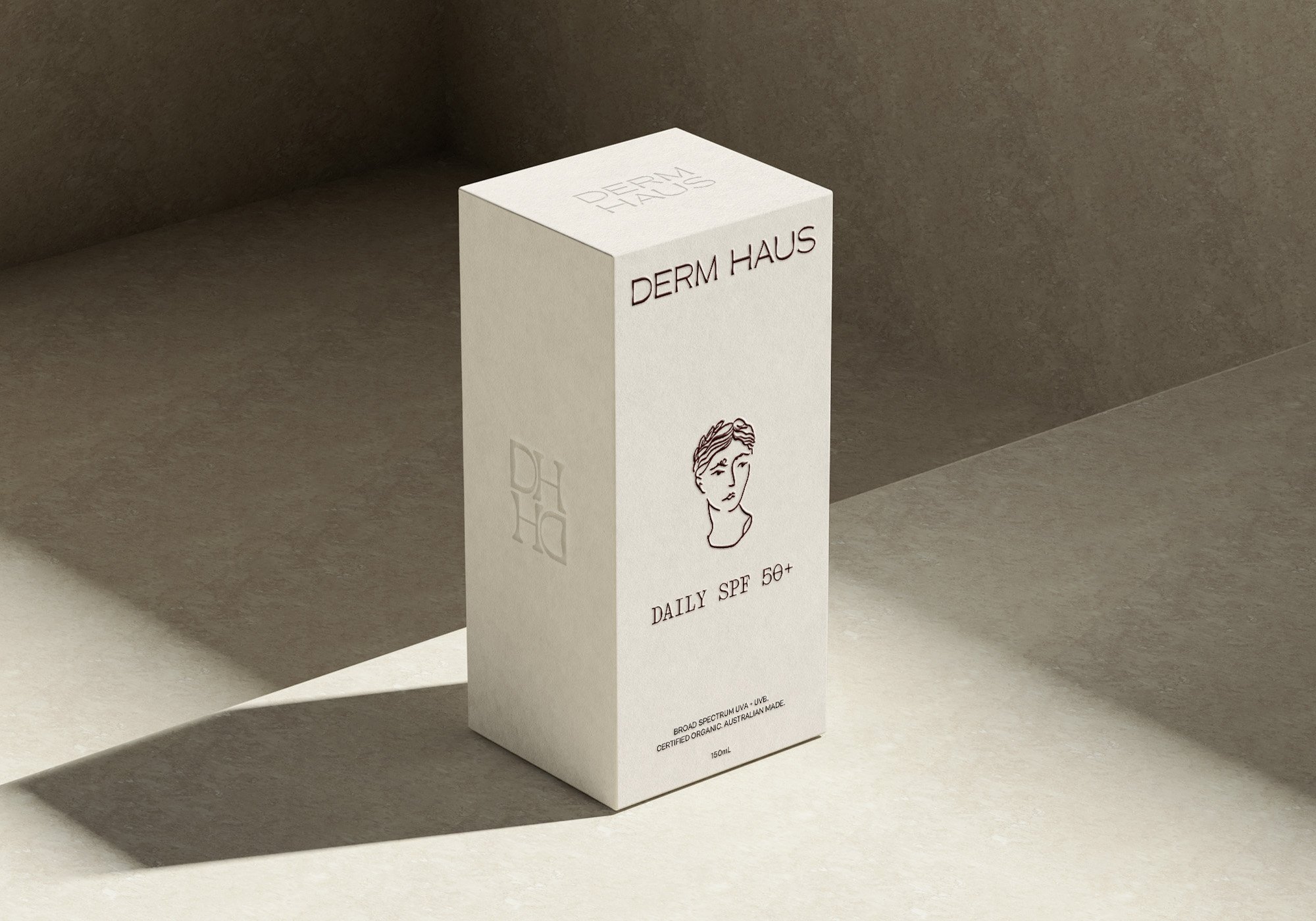 Derm Haus cosmetics box packaging design, premium brand collateral for medical aesthetics clinic