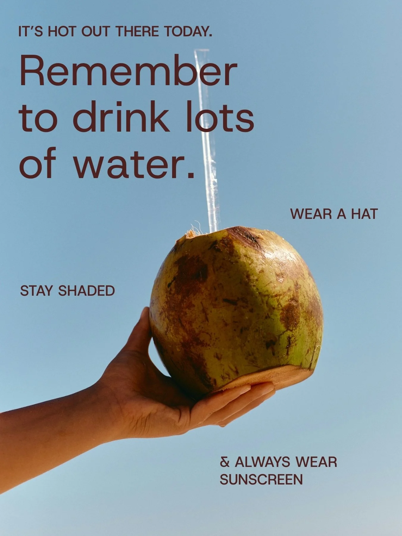 Luma brand poster reminding parents to drink water, wear a hat, stay shaded and wear sunscreen — kids sun safety brand copywriting by Anotherside