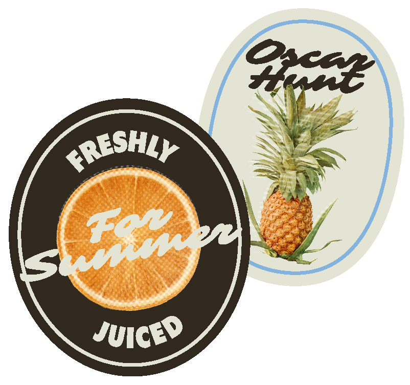 Oscar Hunt-themed fruit sticker with 'Freshly Squeezed for Summer' text and an orange in the centre.