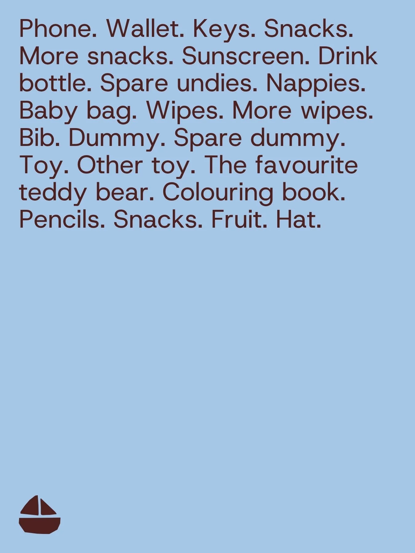 Luma brand graphic listing everything parents pack for kids, ending with hat — kids sun safety brand messaging and identity by Anotherside