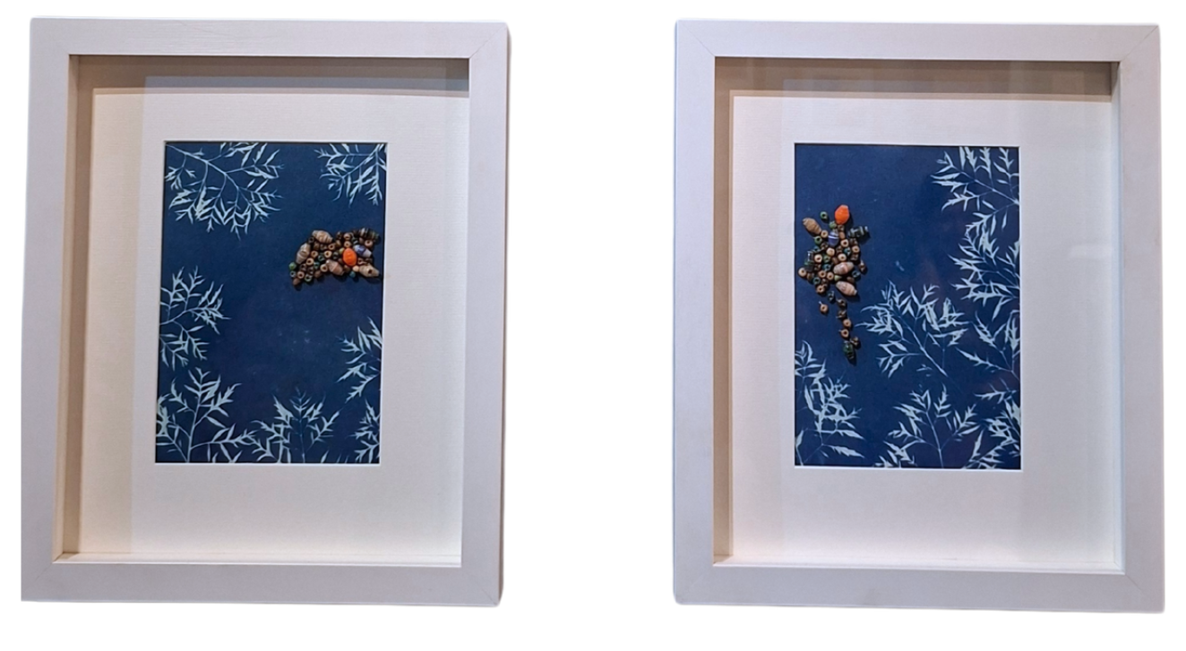 Tin Palattao / “Untitled 1“ (left) and "Untitled 2" (right) / Cyanotype and paper beads on watercolor paper / 6 x 6 inches (each print) / 2025