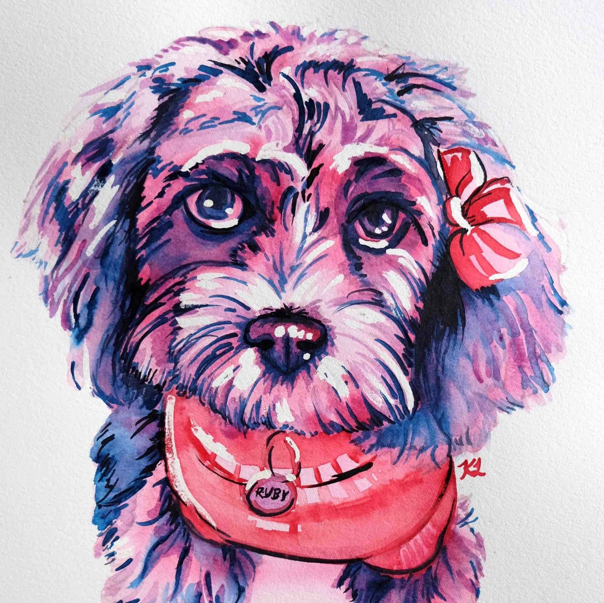 Pink, red and purple watercolour portrait of a spoodle dog