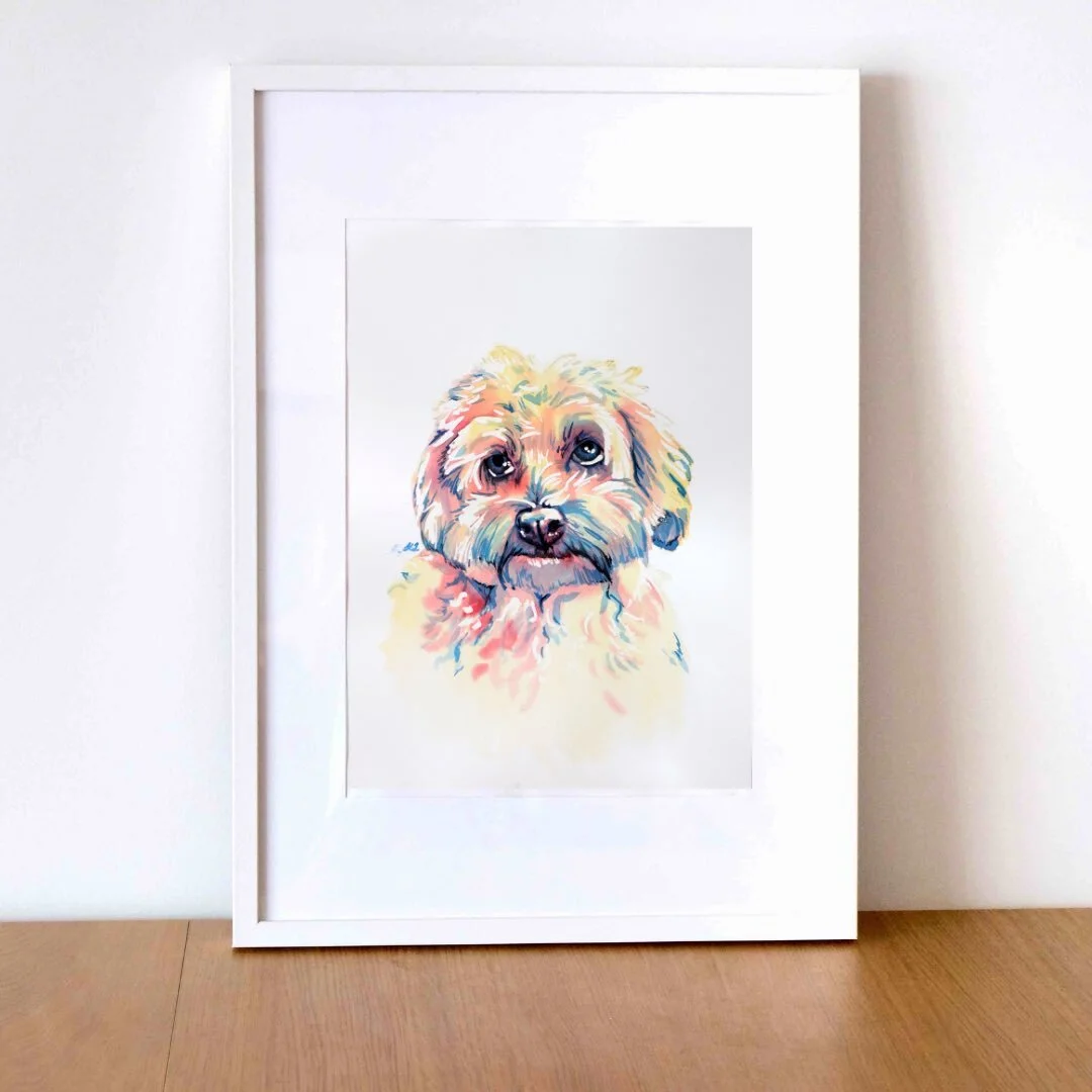 framed rainbow watercolour portrait painting of a maltese cross dog