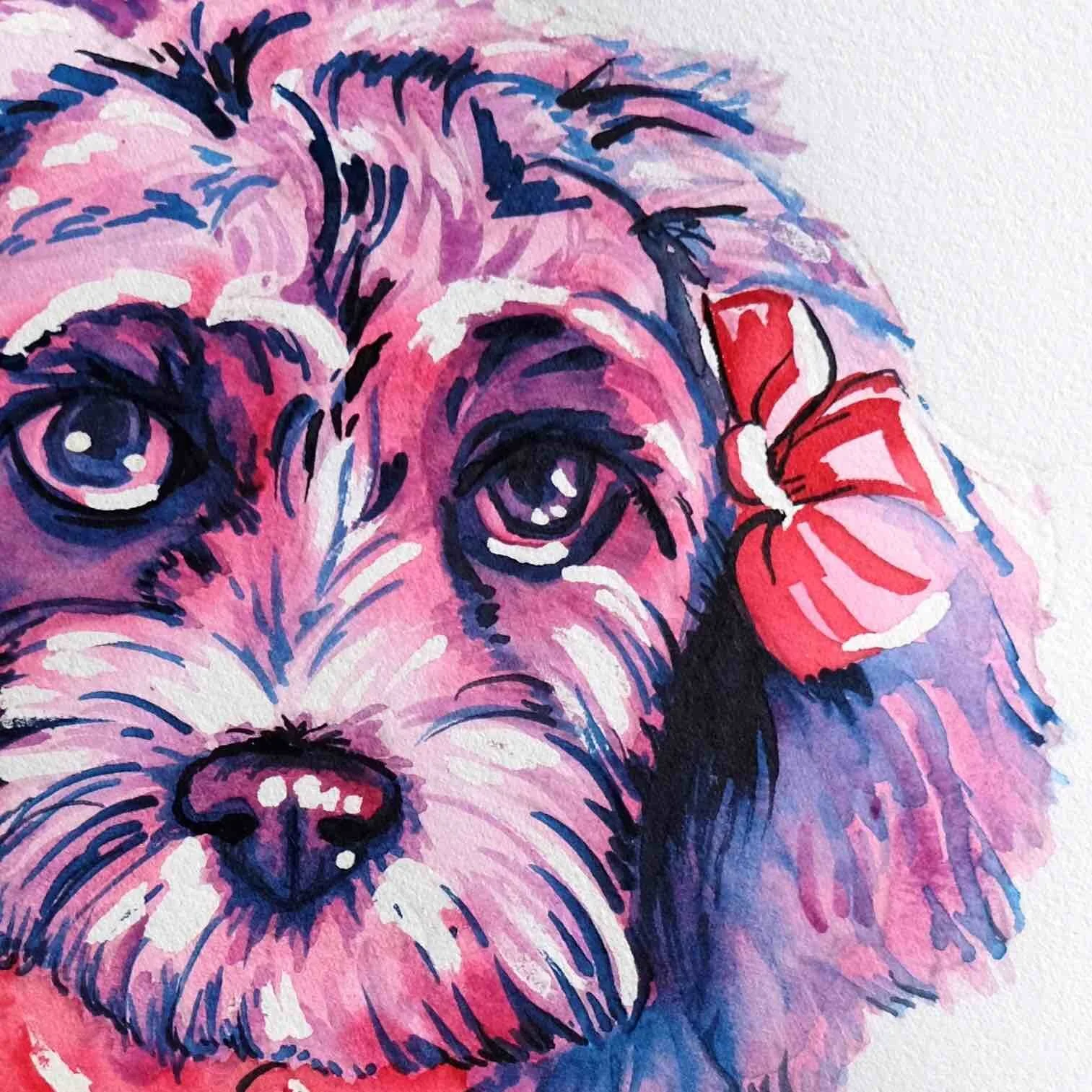 close up of a pink, red and purple watercolour portrait of a spoodle dog