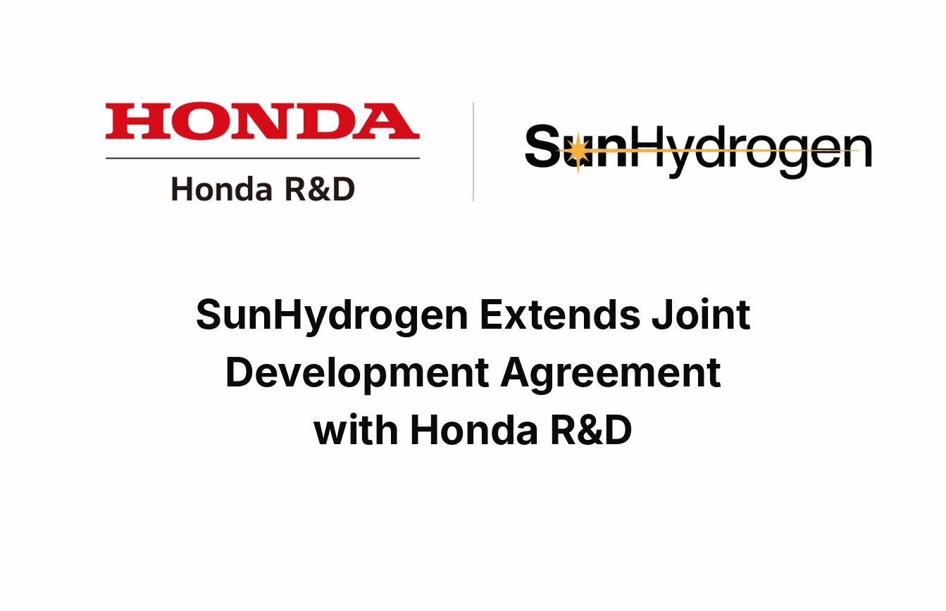 SunHydrogen Extends Joint Development Agreement with Honda R&amp;D