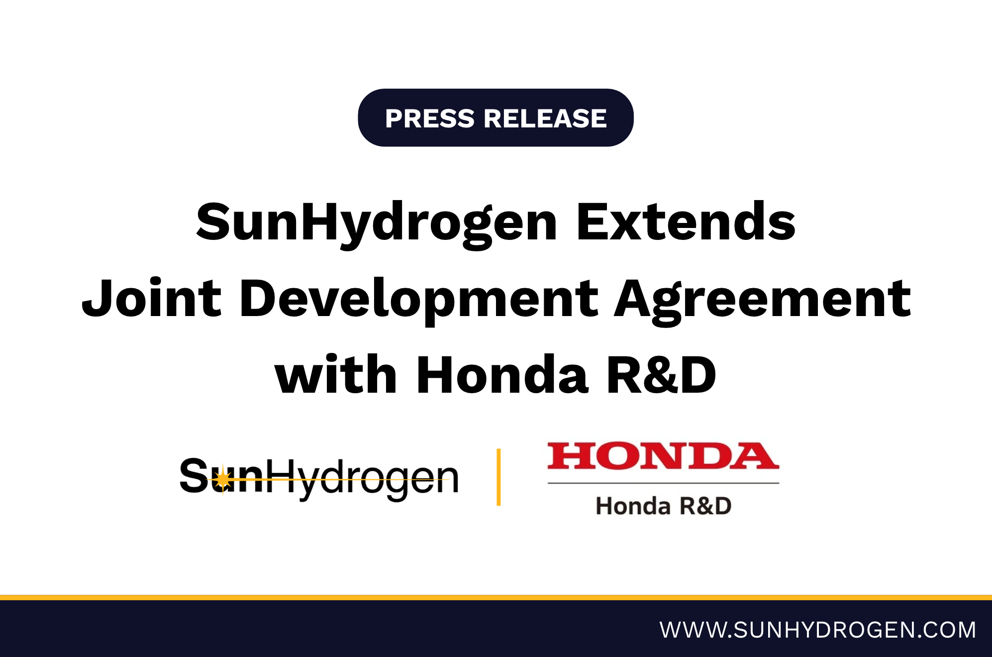 SunHydrogen Extends Joint Development Agreement with Honda R&amp;D
