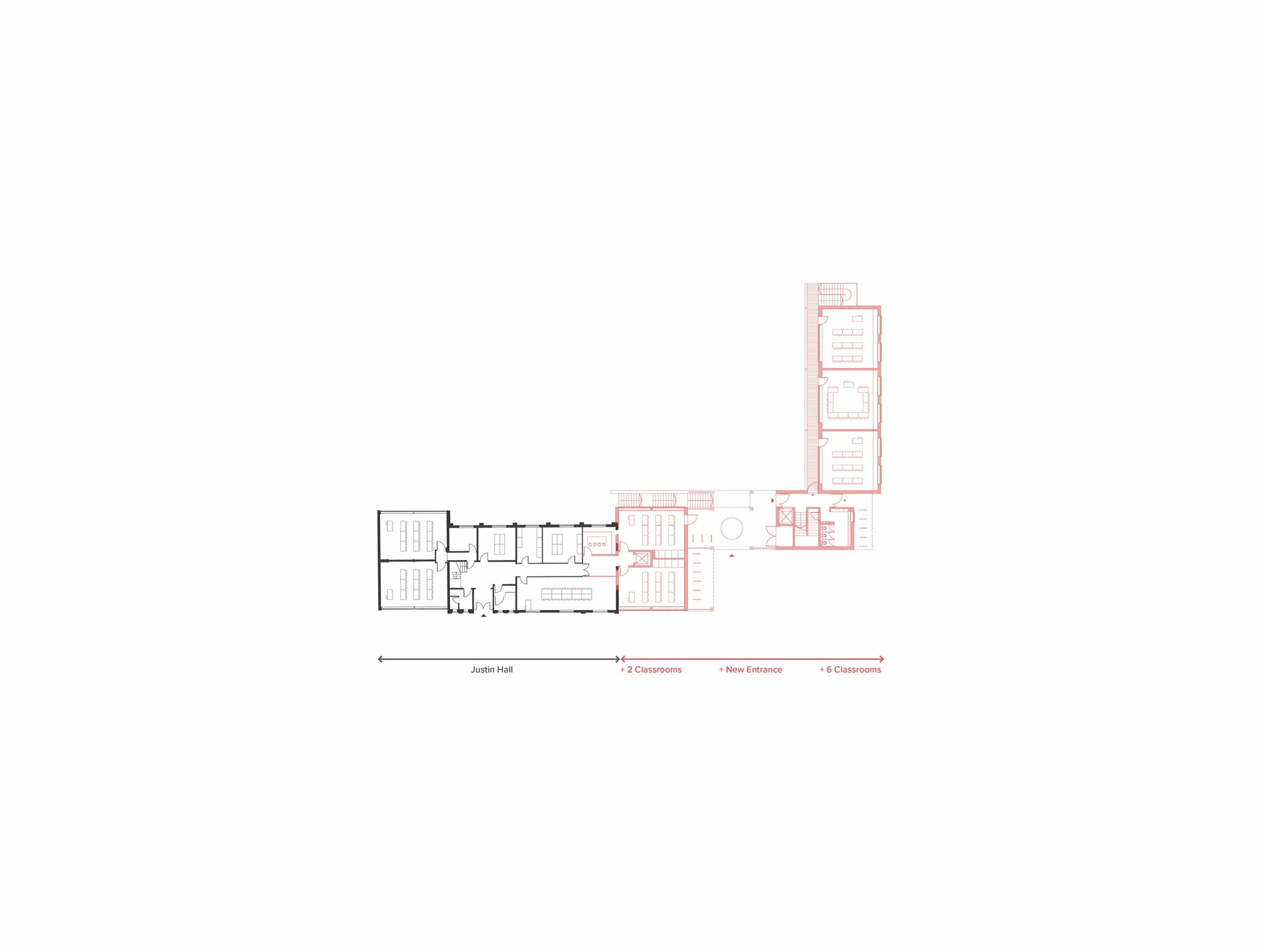 Architectural floor plan diagram showing a phased school expansion with new classrooms, entrance spaces, and learning areas connected to an existing education building.