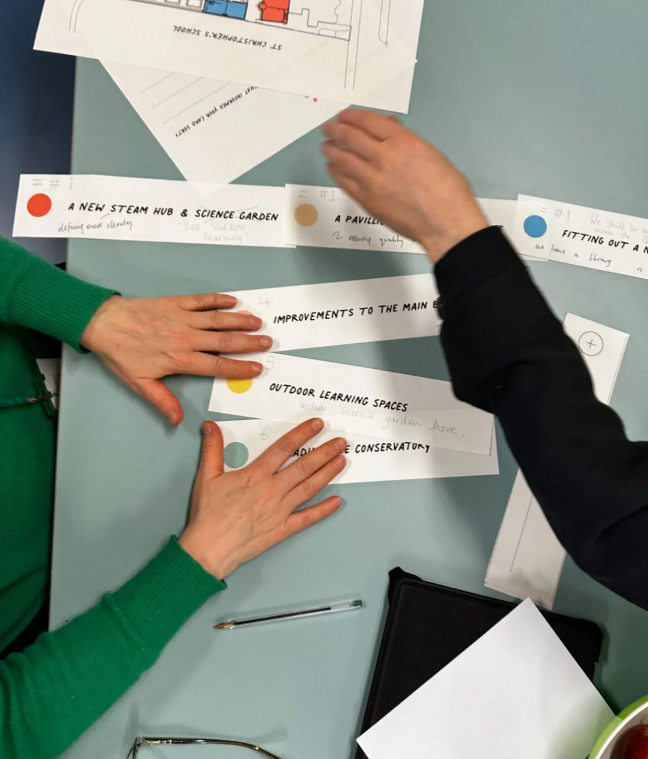 Two people working together on a project at a table, arranging paper plan comments with colored dots and handwritten notes.
