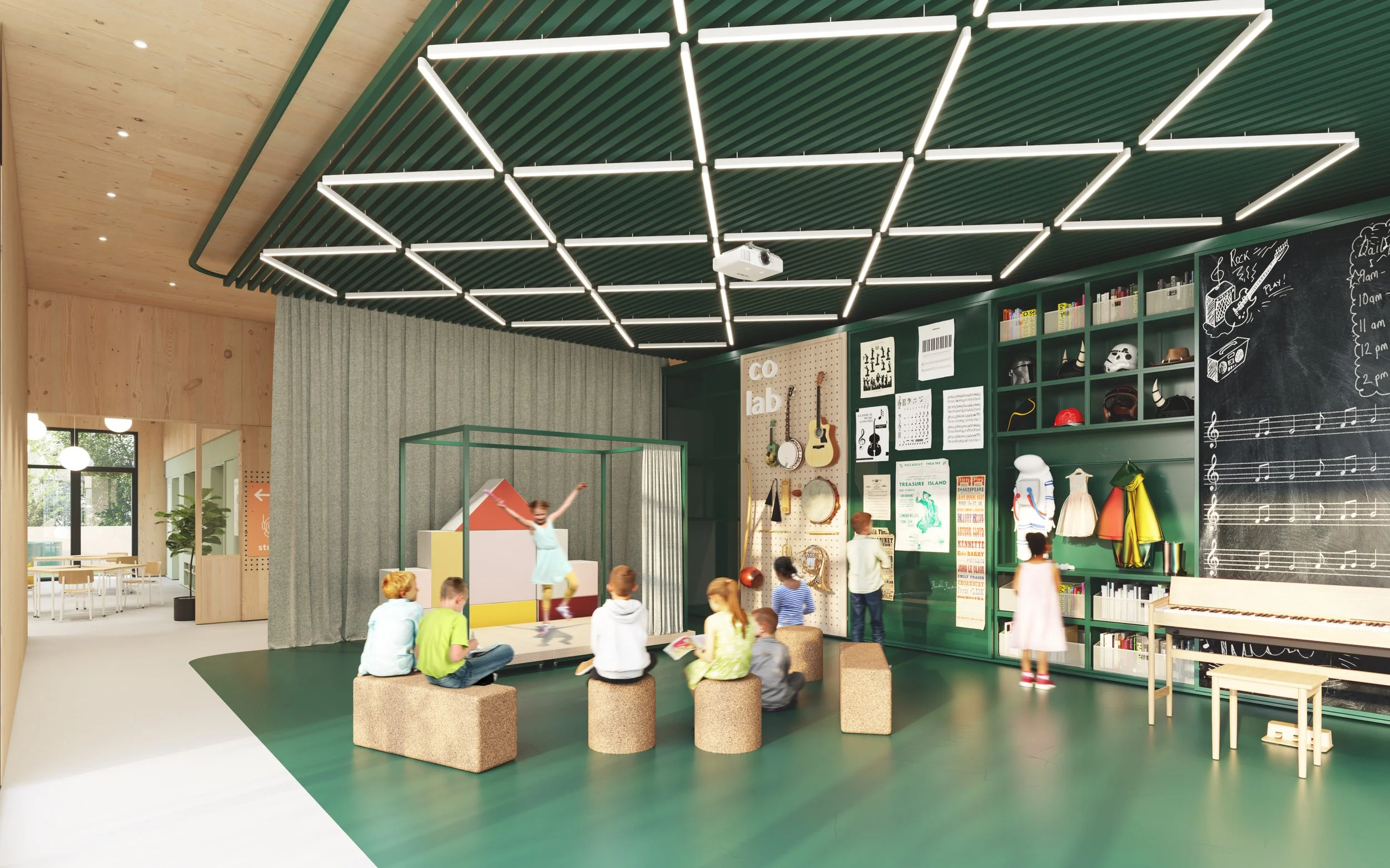 Flexible children’s learning studio featuring a small performance stage, creative arts displays, musical instruments, interactive resources, and adaptable seating designed to support drama, music, storytelling, collaboration, and imaginative play.