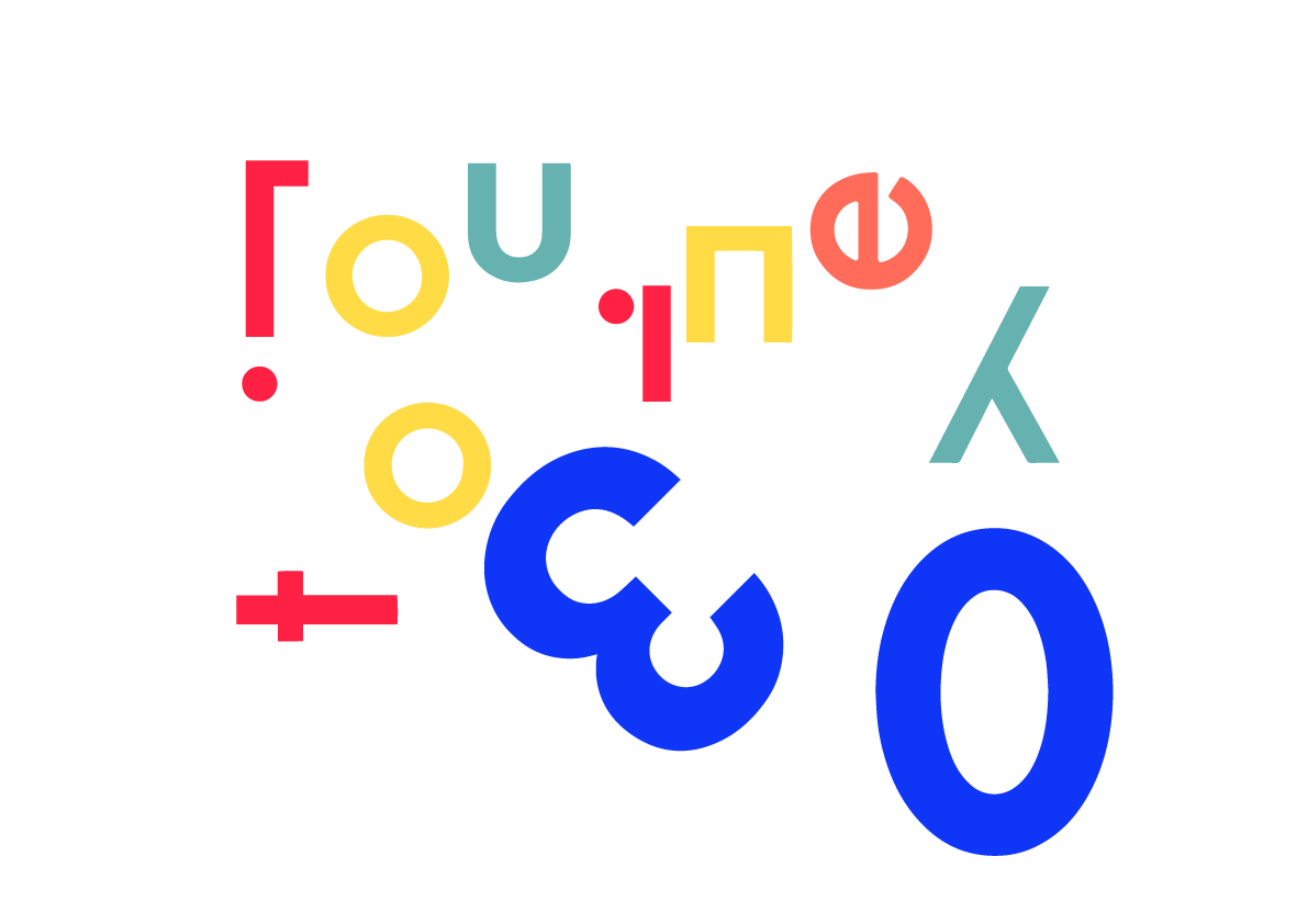 Animated typographic graphic composition featuring colourful abstract letterforms, symbols, and geometric characters arranged in a playful visual identity system on a light background.