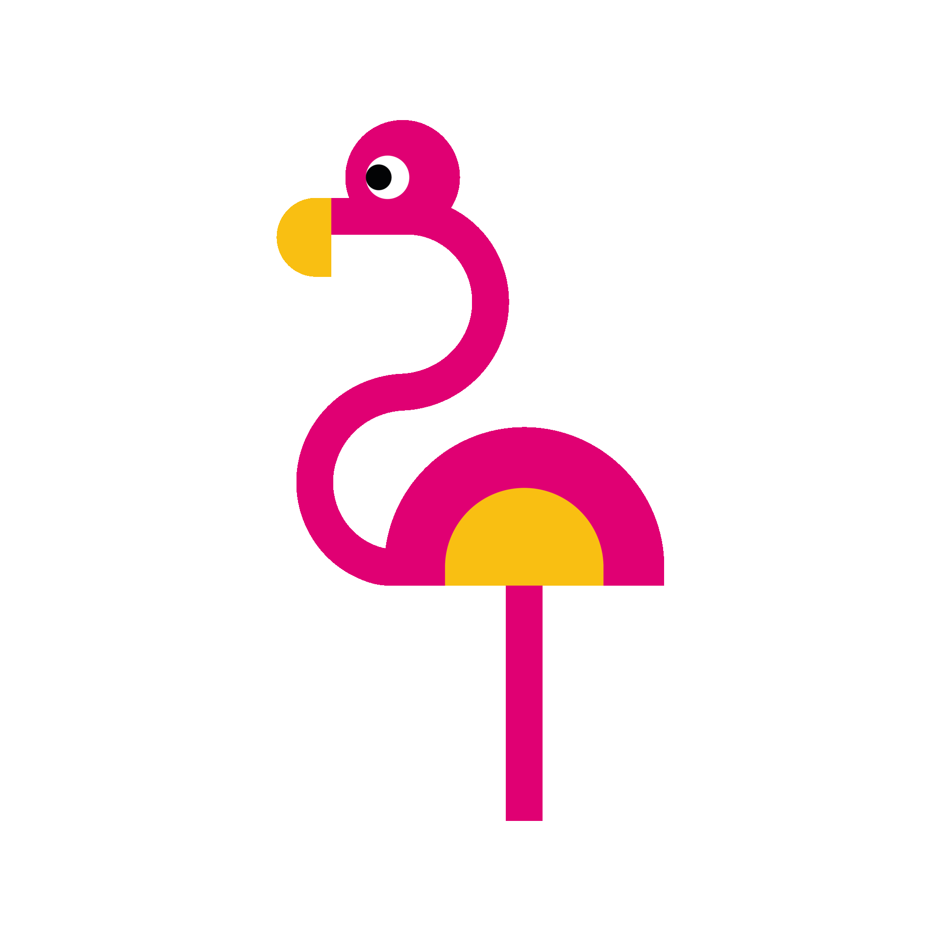 Animated minimalist flamingo illustration in bright pink and yellow geometric shapes on a blue background, featuring a stylised curved neck, circular body, and simple modern graphic design