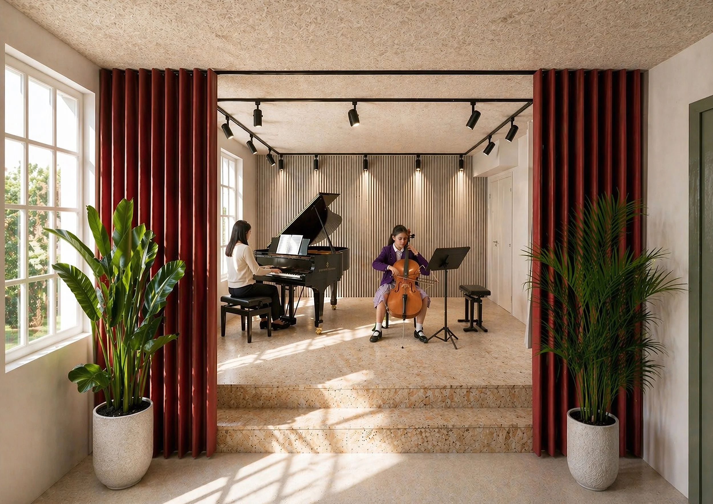 Contemporary music room featuring a grand piano, cello practice area, acoustic wall treatments, and rich curtain detailing designed to support performance, rehearsal, and creative learning.