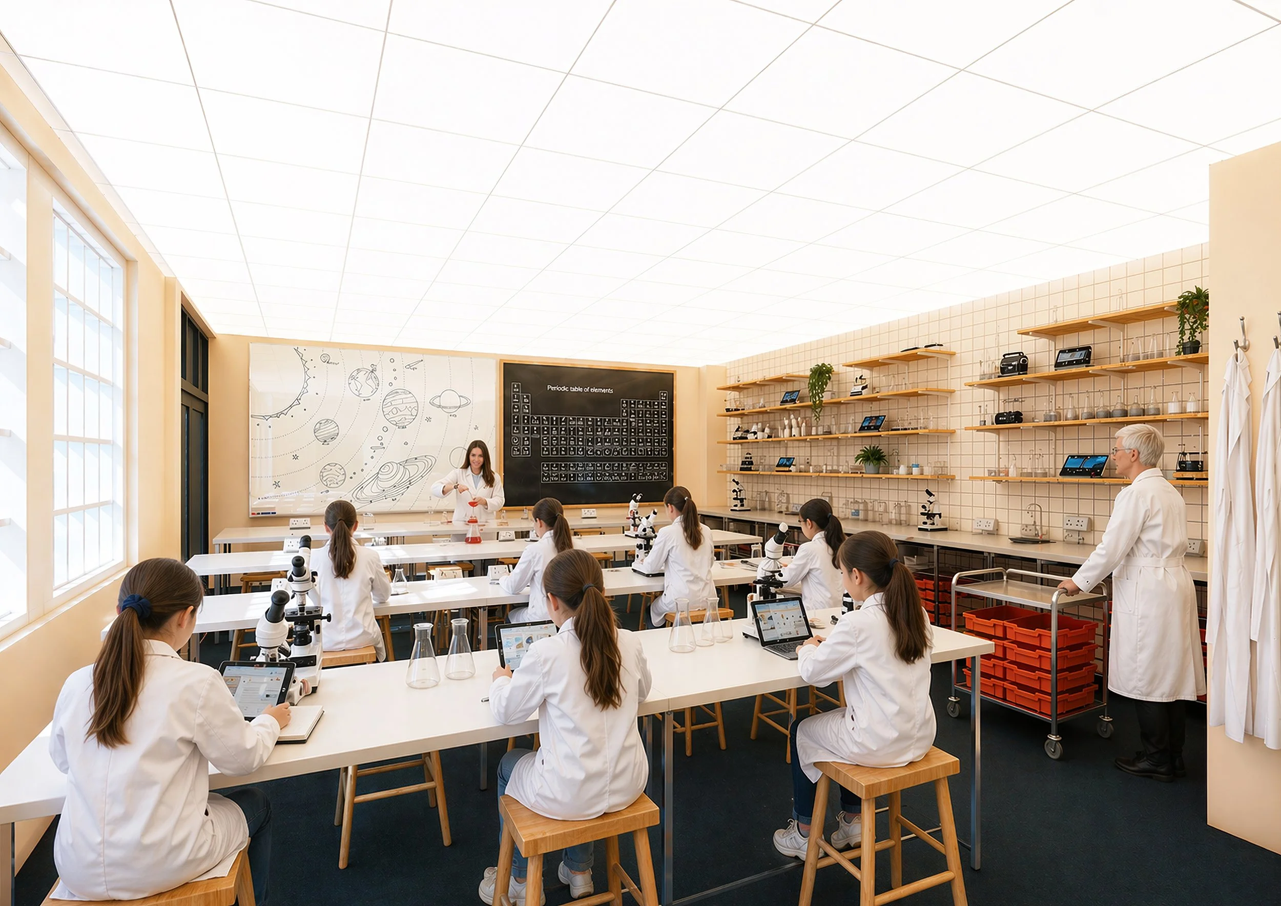 Contemporary science laboratory classroom with students conducting experiments, integrated shelving, microscopes, and flexible teaching spaces designed to support STEM education and collaborative learning.