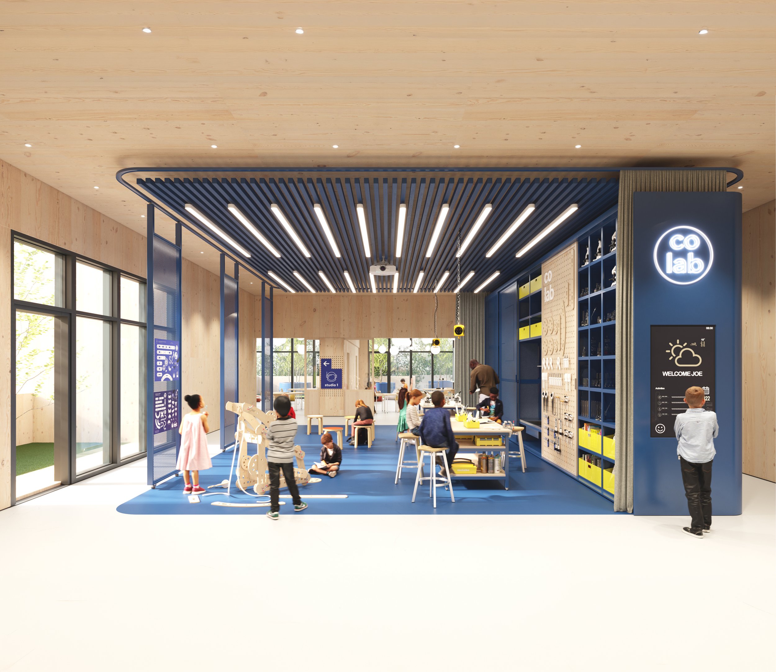 Innovative children's makerspace featuring blue and timber finishes, collaborative workstations, STEM learning resources, interactive technology, tool storage, and flexible spaces designed to encourage creativity, problem-solving, and hands-on.