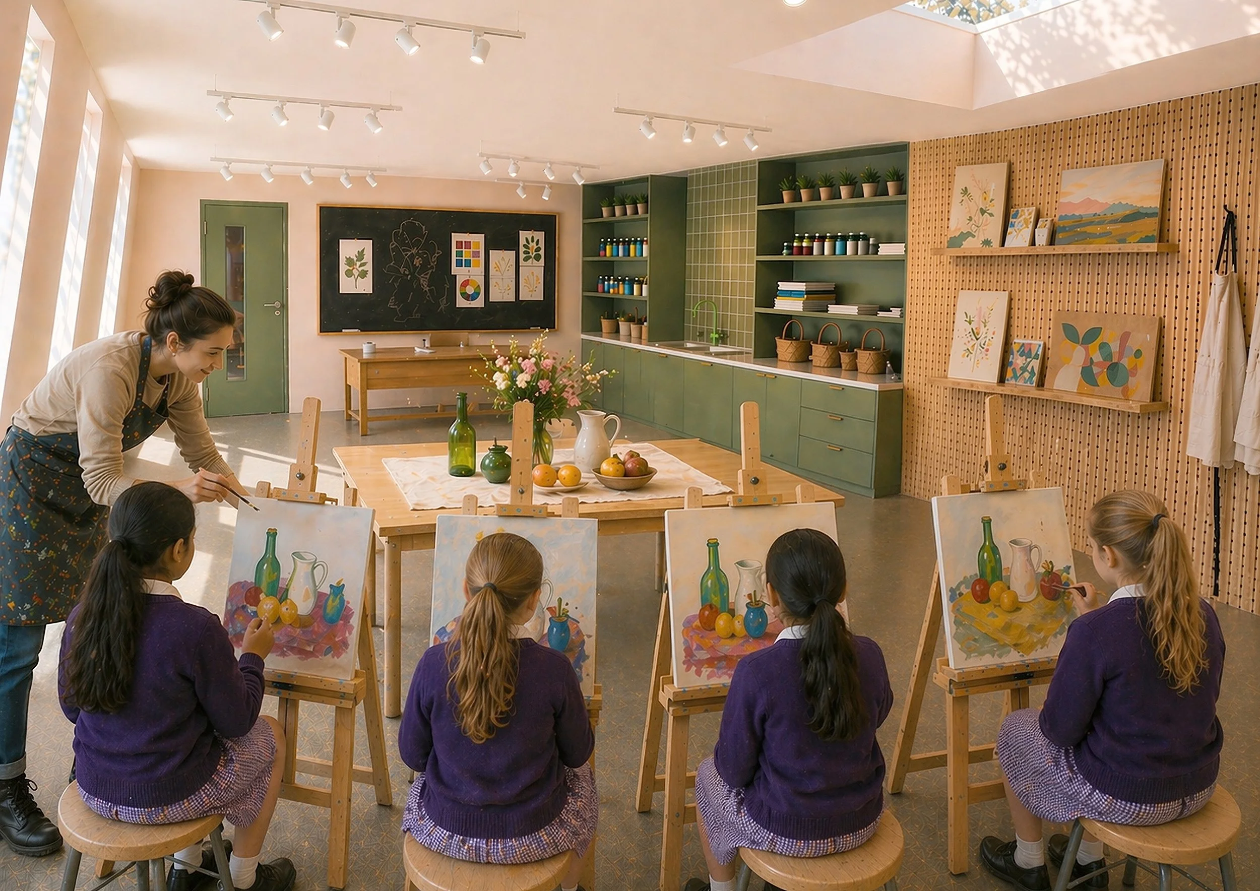 Contemporary art room learning space with children painting at easels, integrated green joinery, natural light, and flexible studio-style interiors designed to support creativity and collaborative learning.