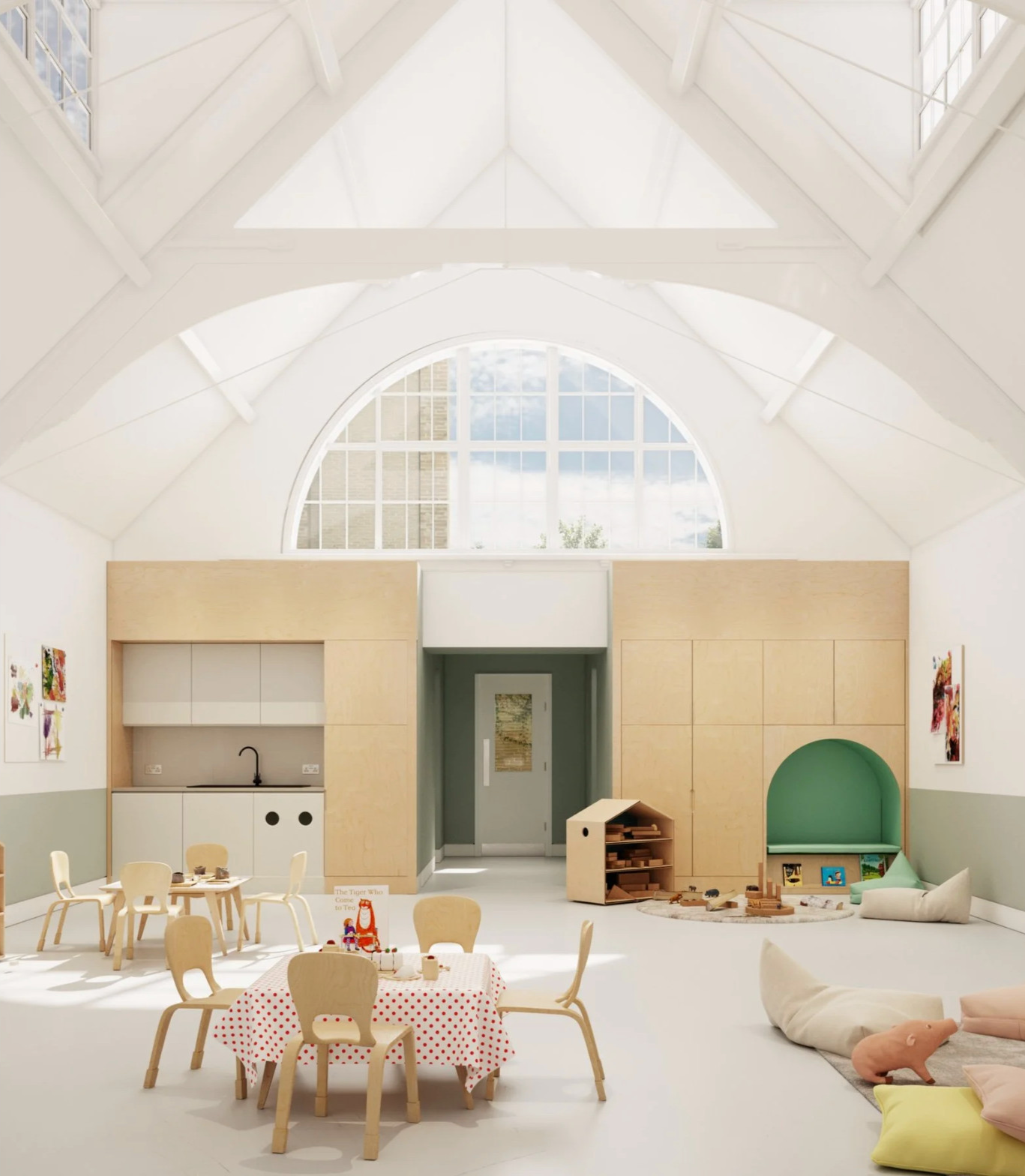 Bright minimalist nursery playroom interior featuring a vaulted white ceiling, pale timber joinery, child-sized furniture, soft play areas, and a calm Scandinavian-inspired learning environment with natural light.