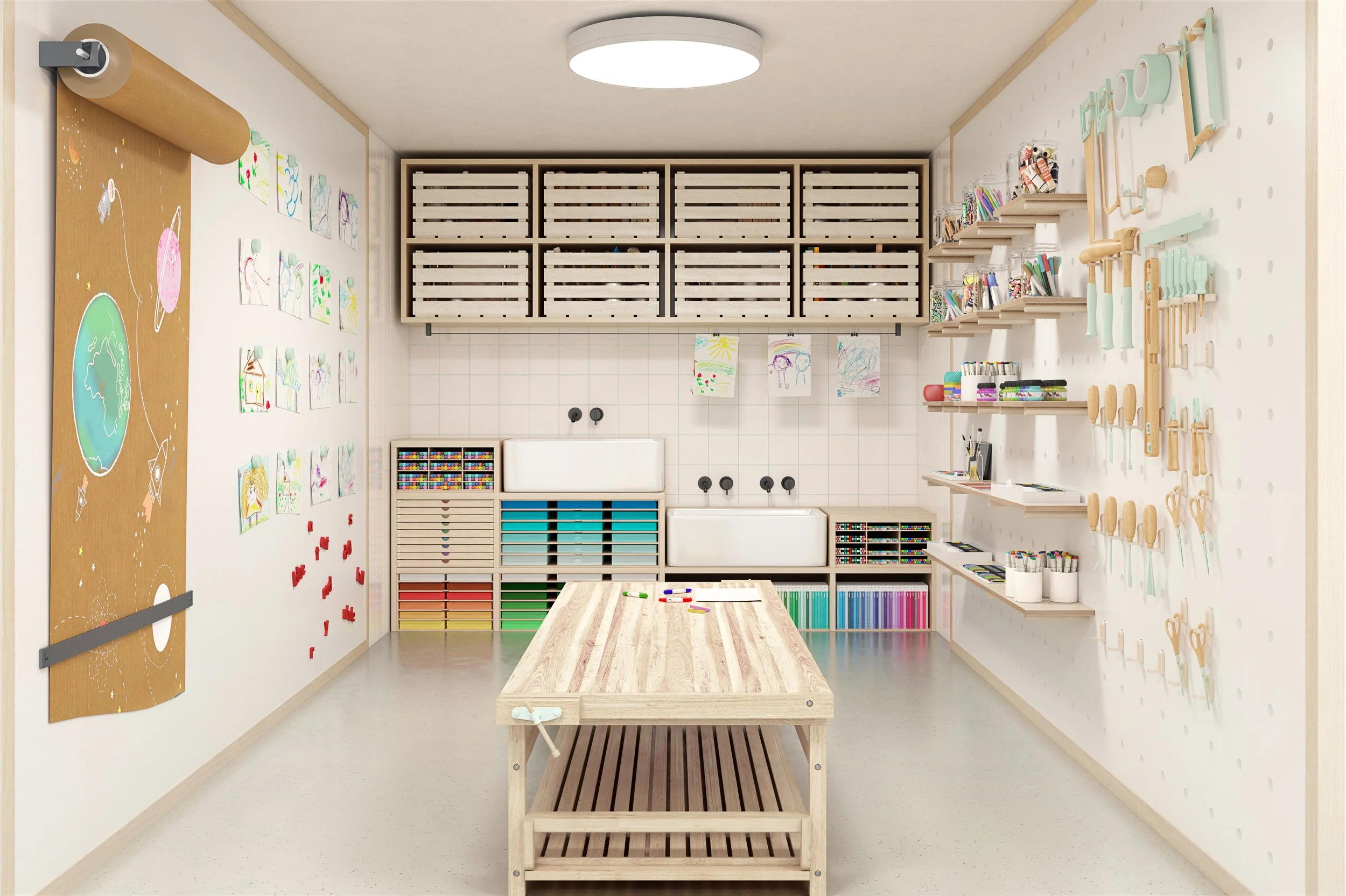 Children’s art room with timber worktable, open storage, craft tools, and display walls designed to support creative learning and hands-on activities in an early years educational environment.