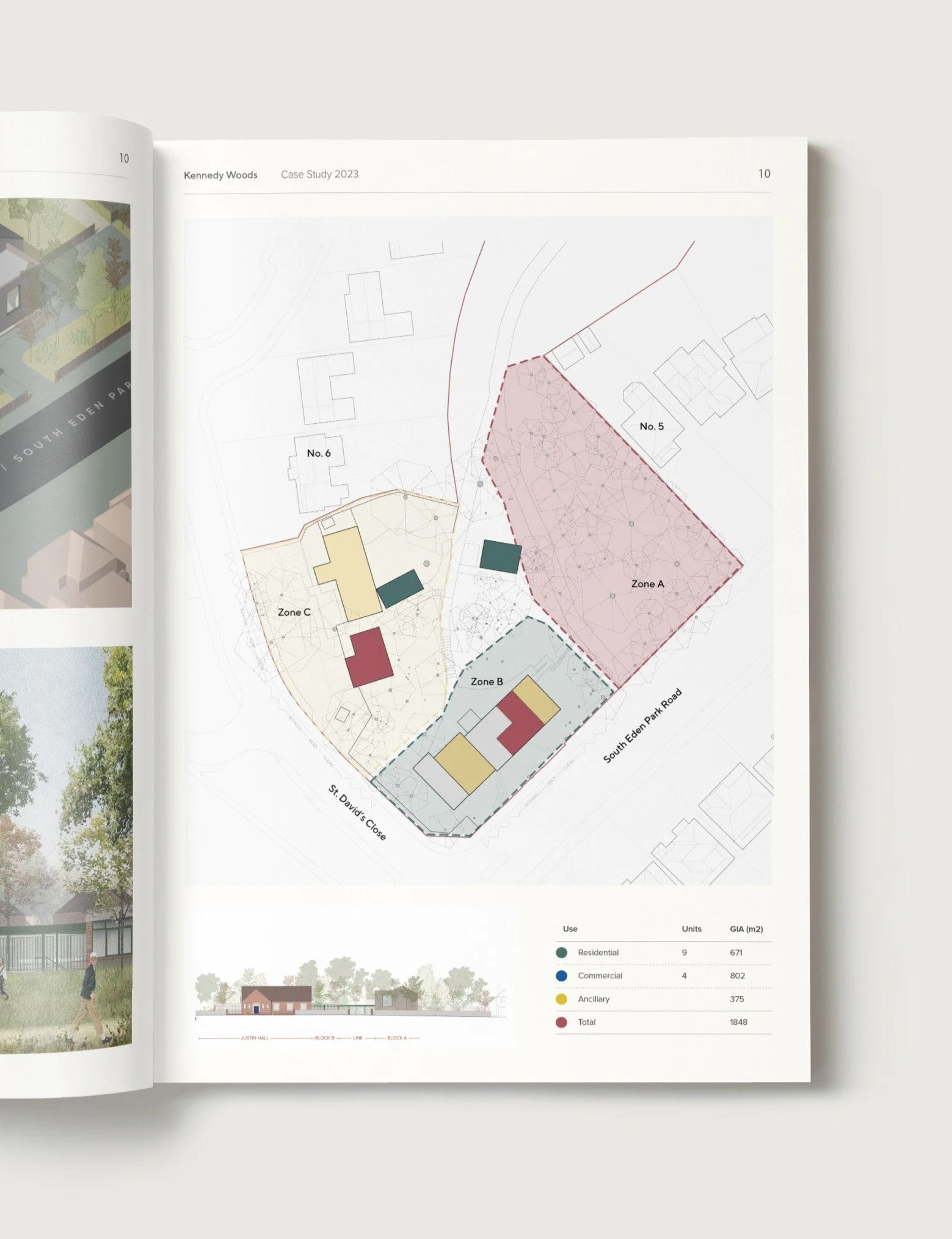 Architectural case study page featuring a colour-coded education masterplan, site zoning diagram, and development strategy for a mixed-use learning and community environment.