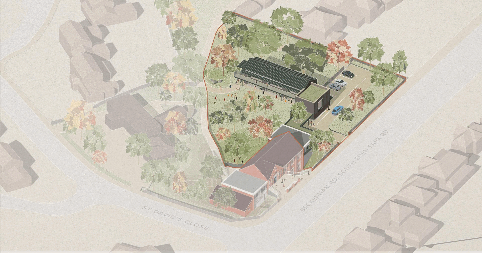 Animated architectural site masterplan showing phased development of the St David’s campus, featuring landscaped grounds, educational buildings, pathways, parking areas, and surrounding residential context in an illustrated aerial view.