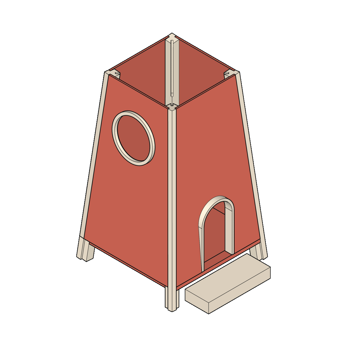 Animated isometric illustration of a minimalist geometric birdhouse structure in terracotta red and cream tones against a dark green background, showing clean architectural detailing and modular construction.