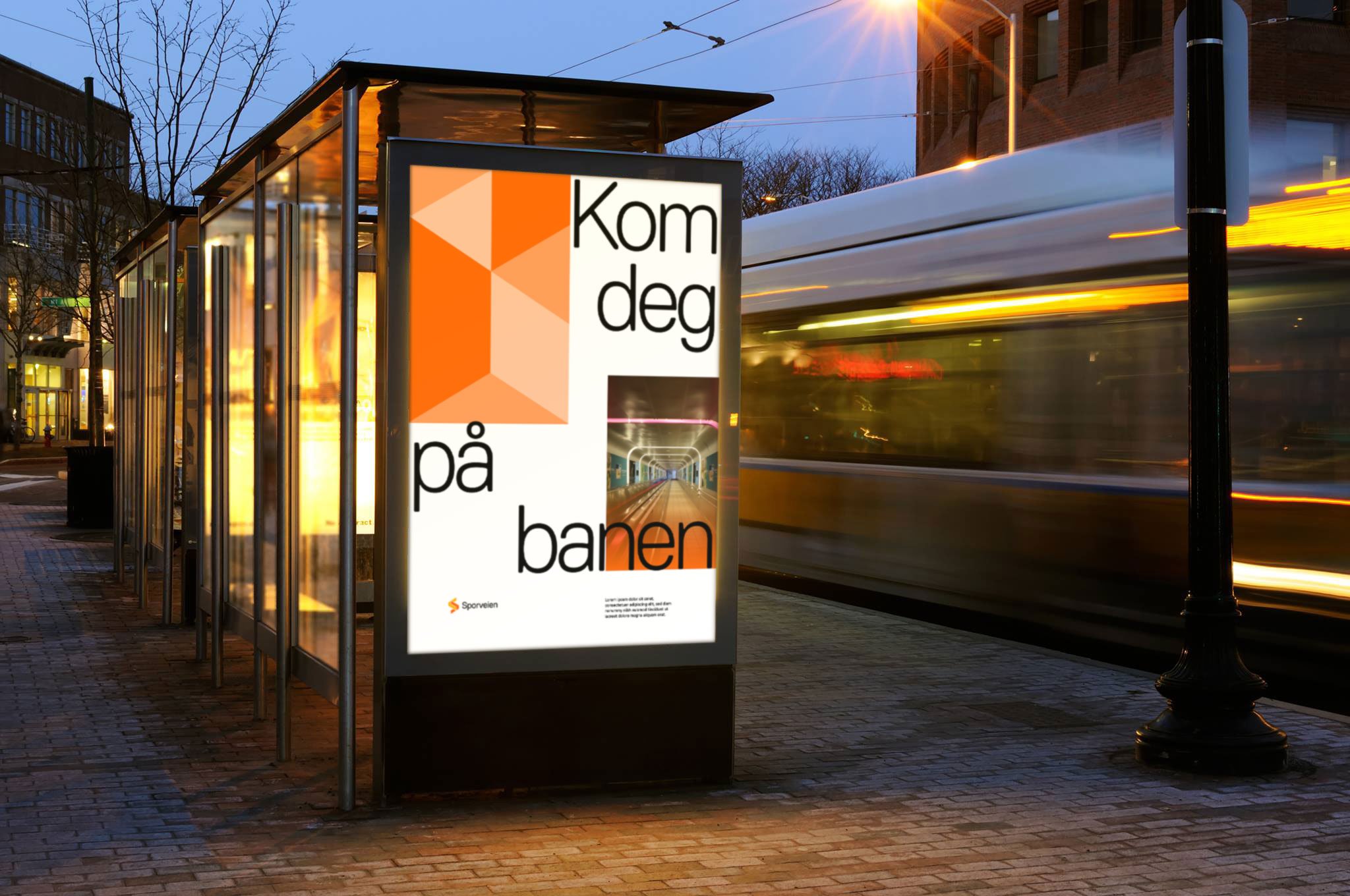 Poster from Sporveien's visual identity at a bus stop