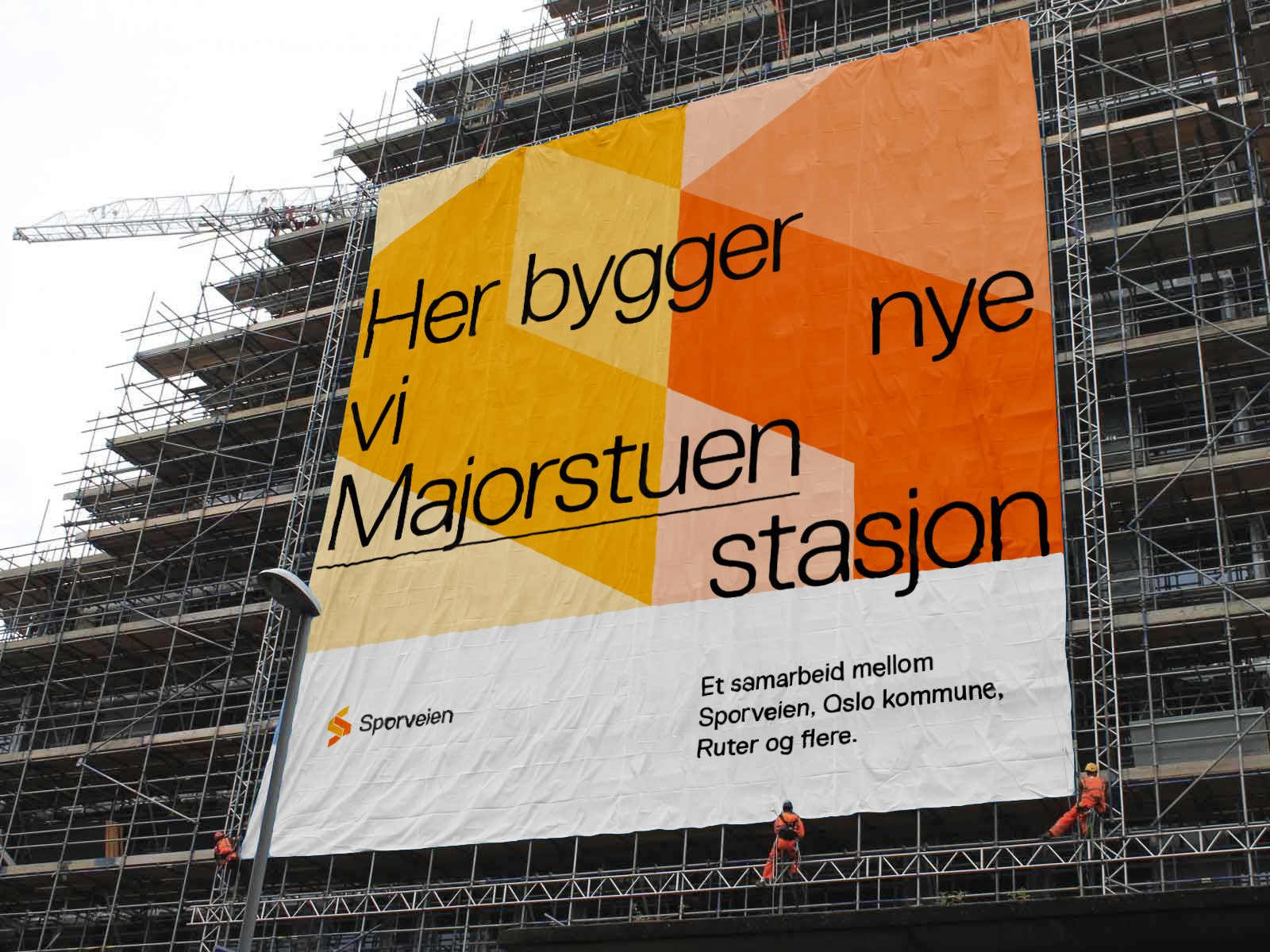 Large-scale poster on construction site from Sporveien's visual identity