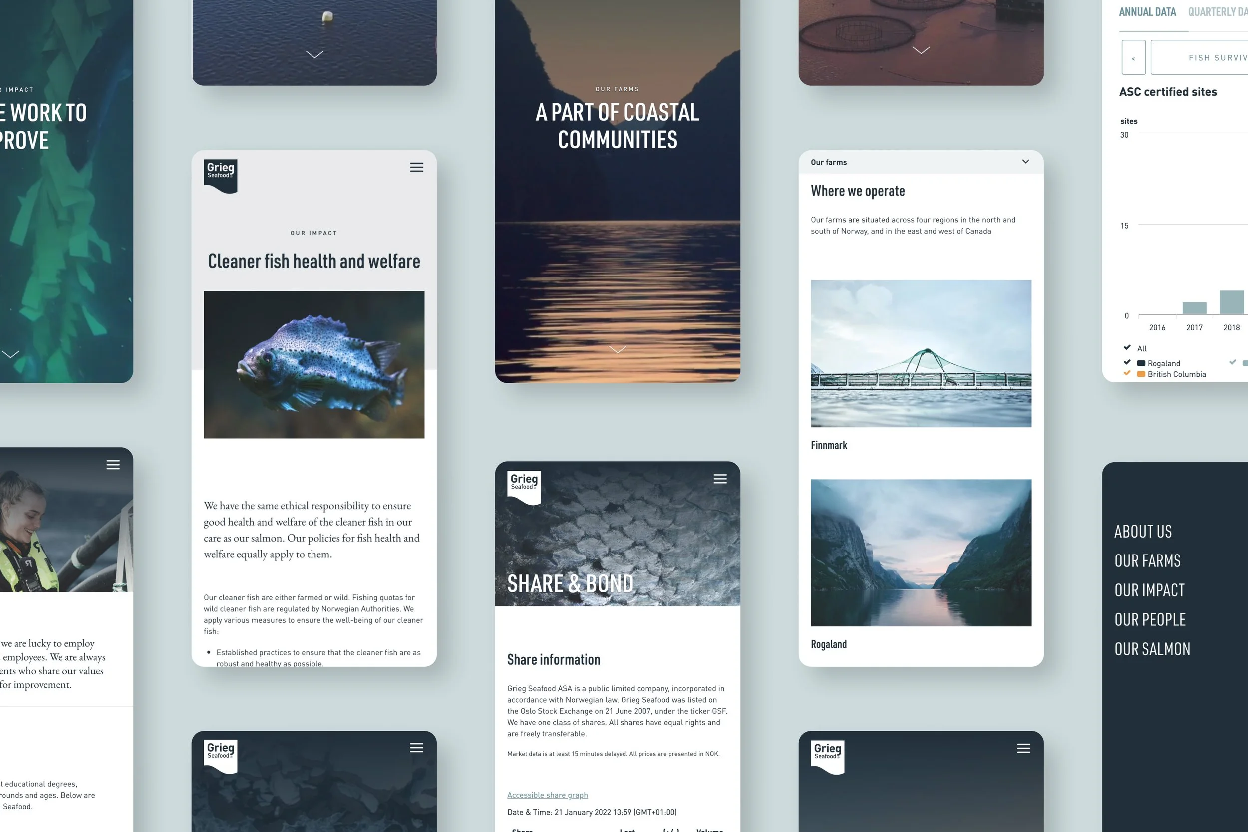 Grieg Seafood sin nye nettside vist på flere mobilskjermer