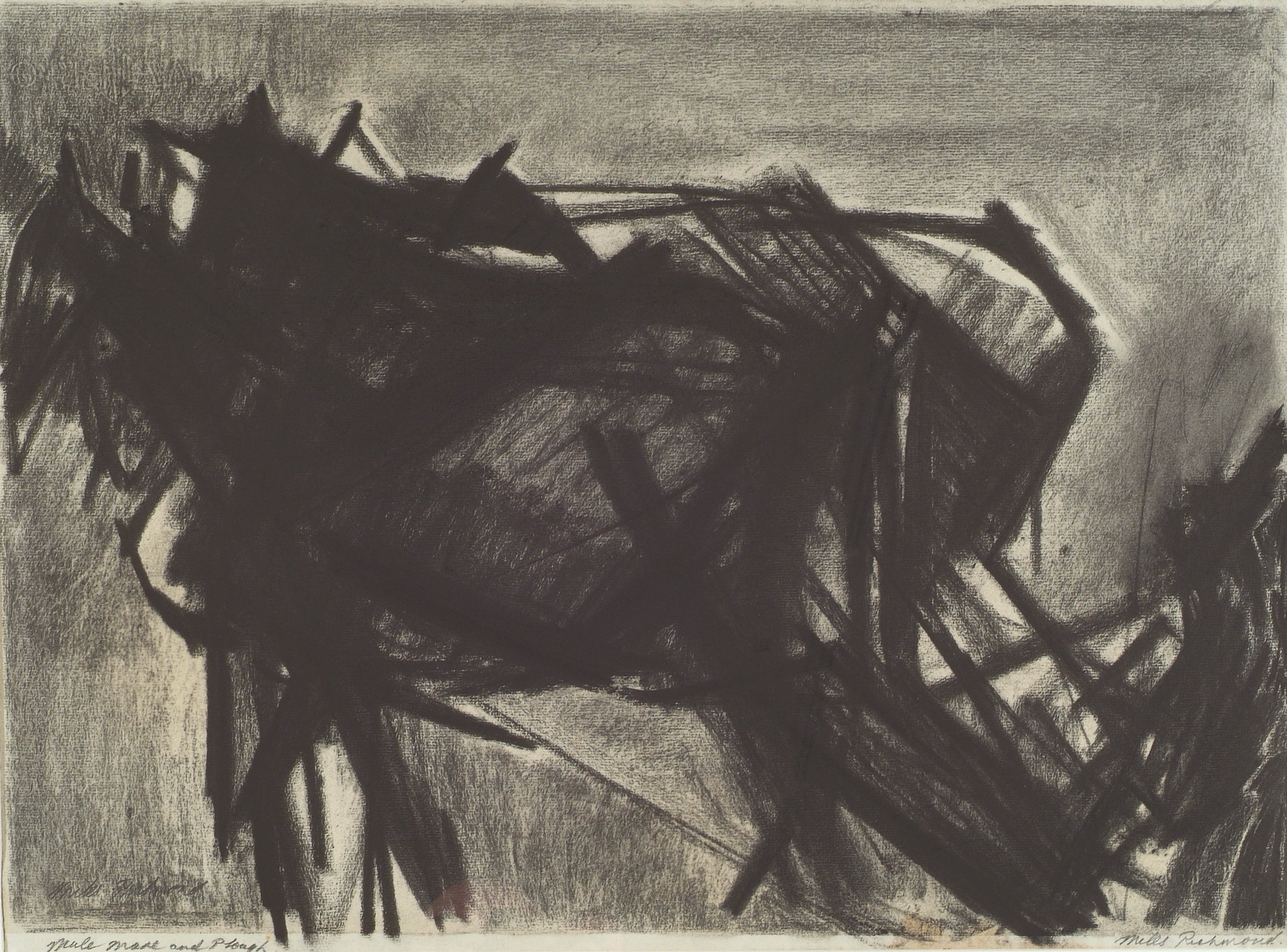 Animals ploughing, 1960, charcoal