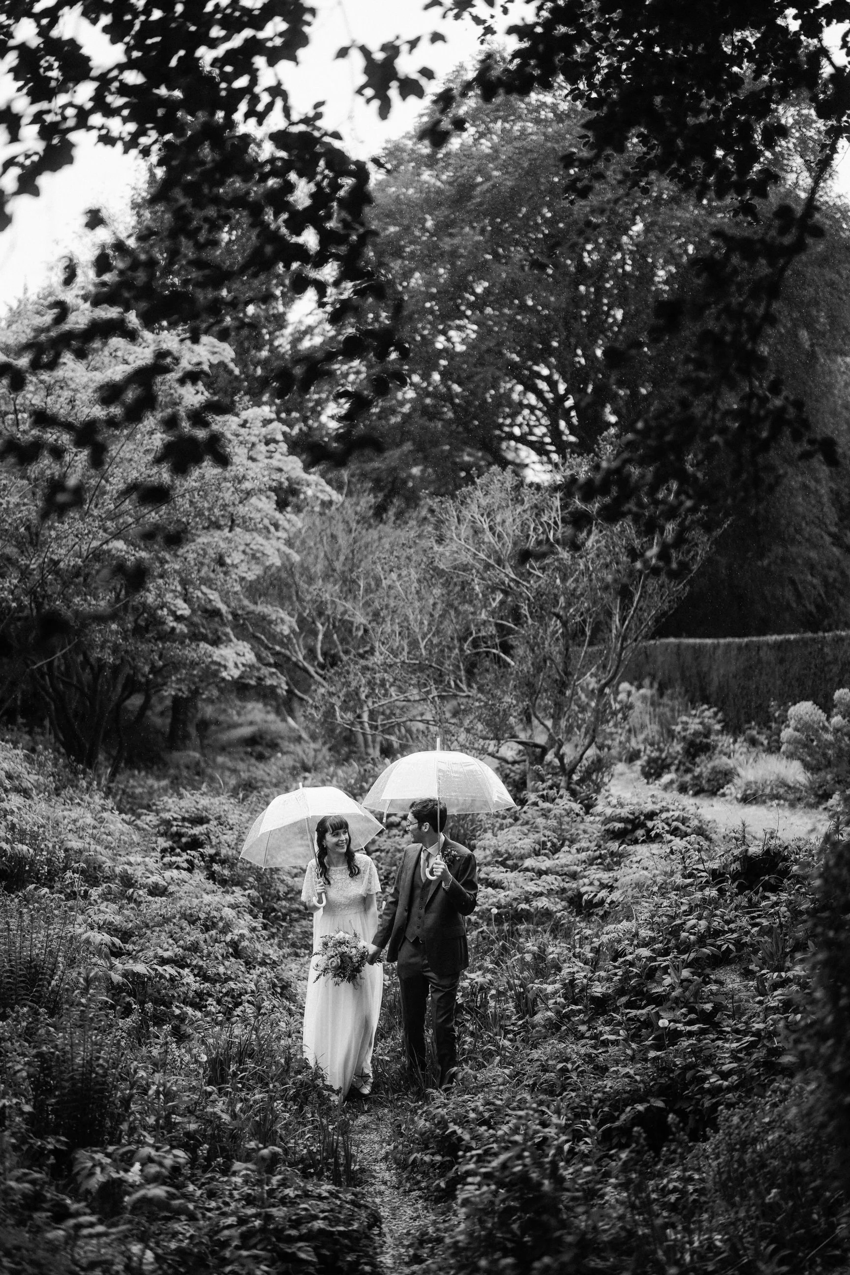 Black-and-white wedding portrait of a bride and groom walking through a lush garden under clear umbrellas.