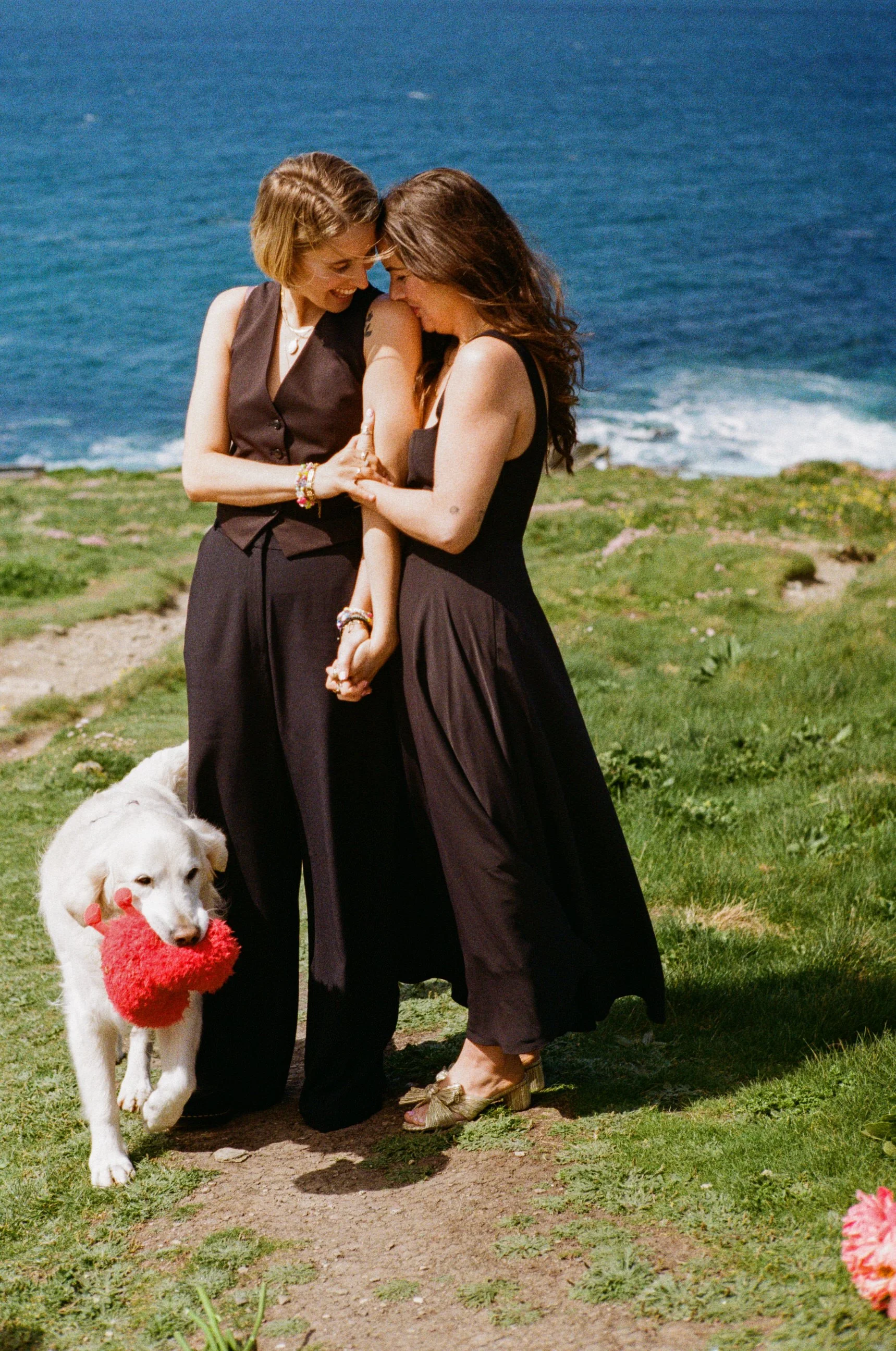 Two women in black dresses hold hands by the ocean while a white dog carries a red toy.