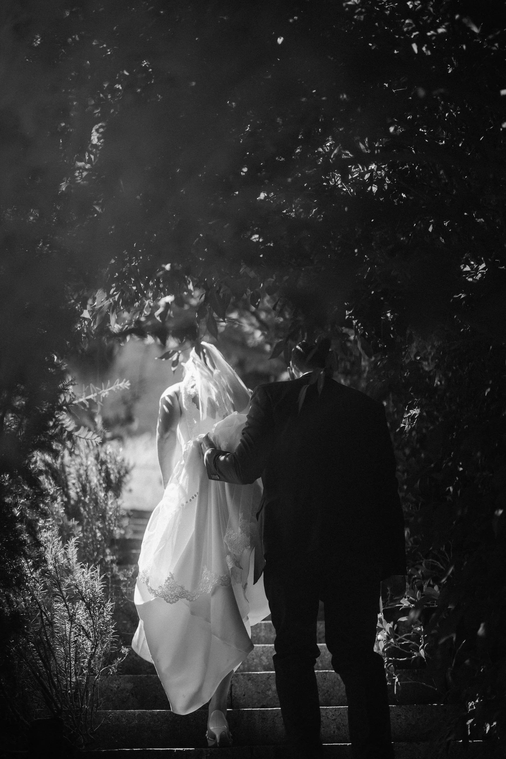Black-and-white wedding photo of a bride and groom walking up garden steps through trees.
