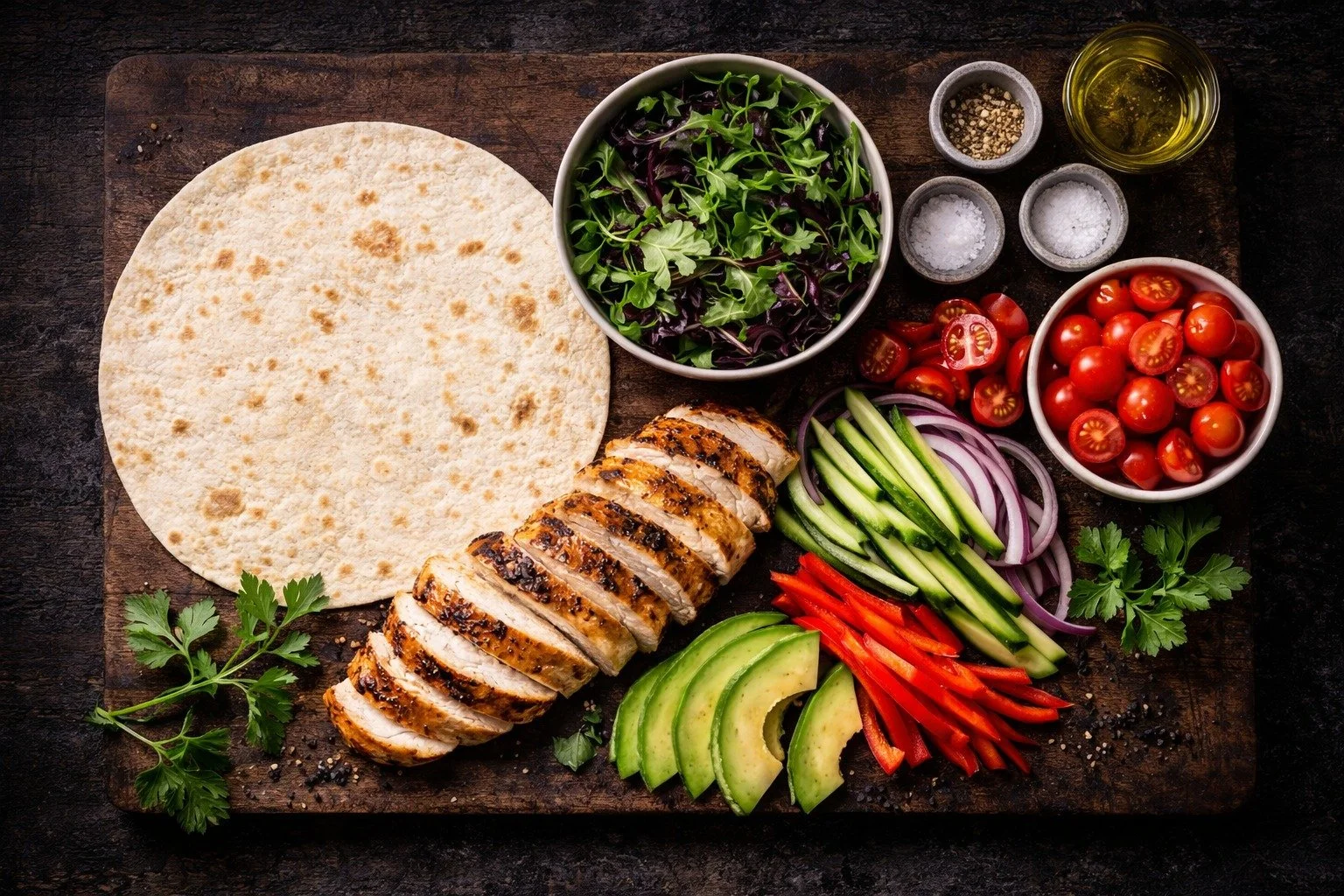 Fresh wrap ingredients flat-lay on dark wooden surface