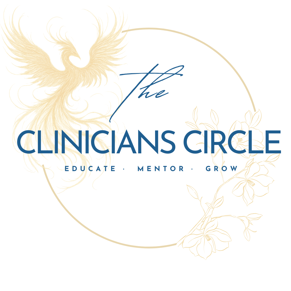 Logo for the Clinicians Circle featuring a stylized golden phoenix with flowing feathers, surrounded by a gold circular outline and botanical line art, with the words 'the Clinicians Circle' and the tagline 'Educate. Mentor. Grow.'