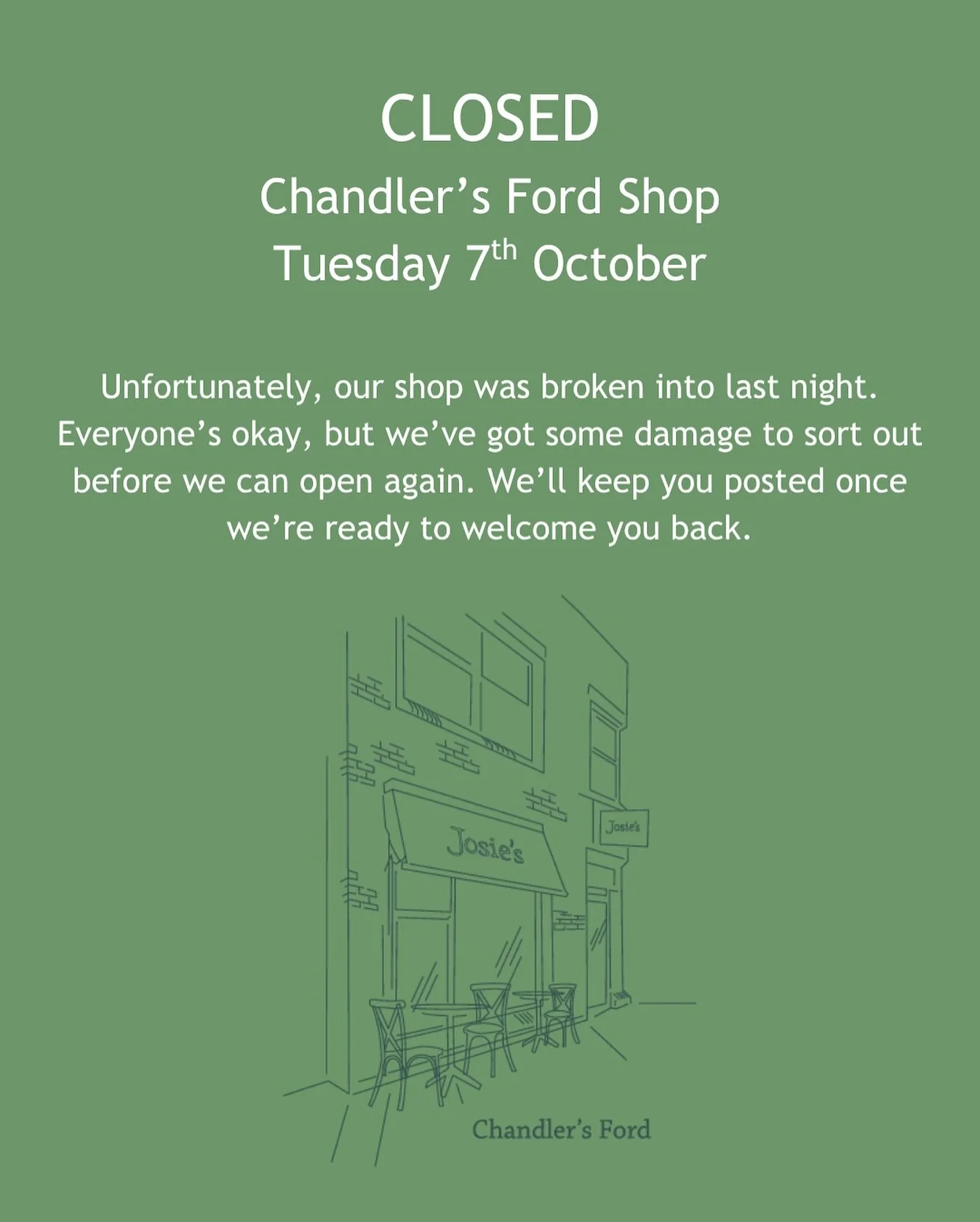 Due to a break in last night, our Chandler&rsquo;s Ford shop will be closed today. 

Thanks for your understanding and support - we&rsquo;ll keep you updated and be back brewing as soon as we can. 💚💪