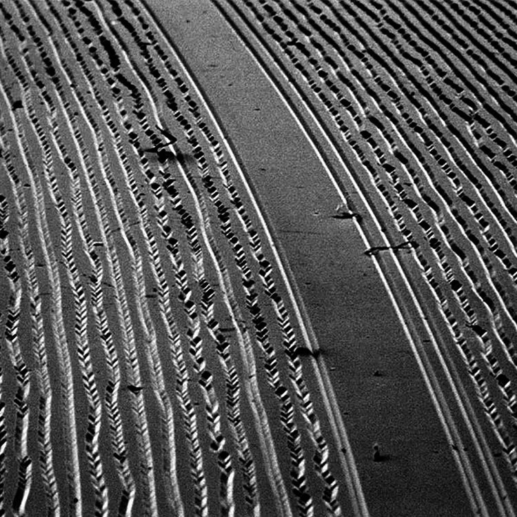 Ever wondered what record grooves actually look like? Here&rsquo;s a shot under a high-powered microscope, showing the grooves with your audio physically transferred onto the record. We take care to master your audio for the best possible fidelity.
.