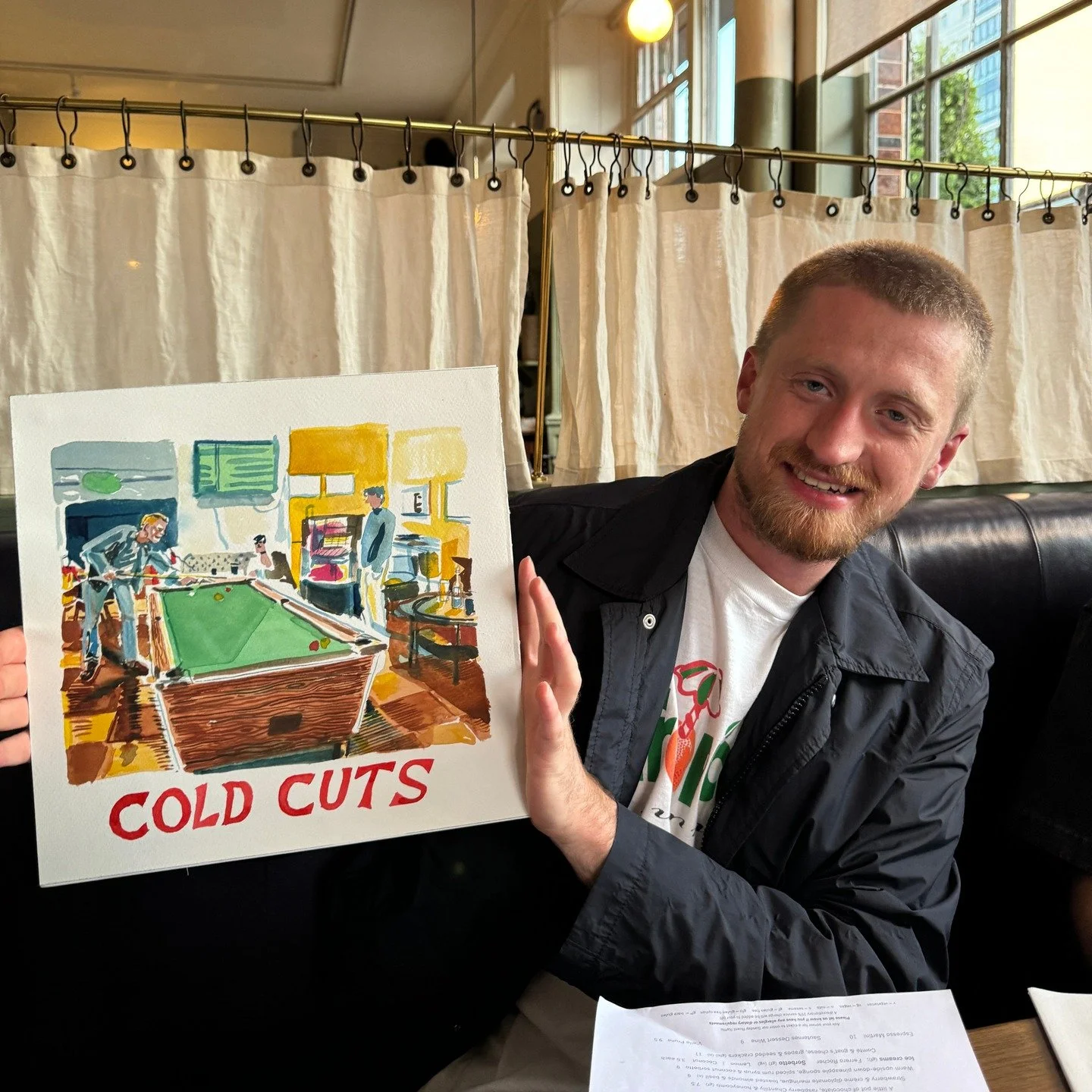 @eddieolin on his big 30th birthday celebration, sporting a custom made record by us and some superb hand painted artwork by @olivermacdonaldoulds of a night out shooting some pool @themildmayclub 
.
.
.
.
#12inch #dubplates #33rpmclub #vinyl #firstc